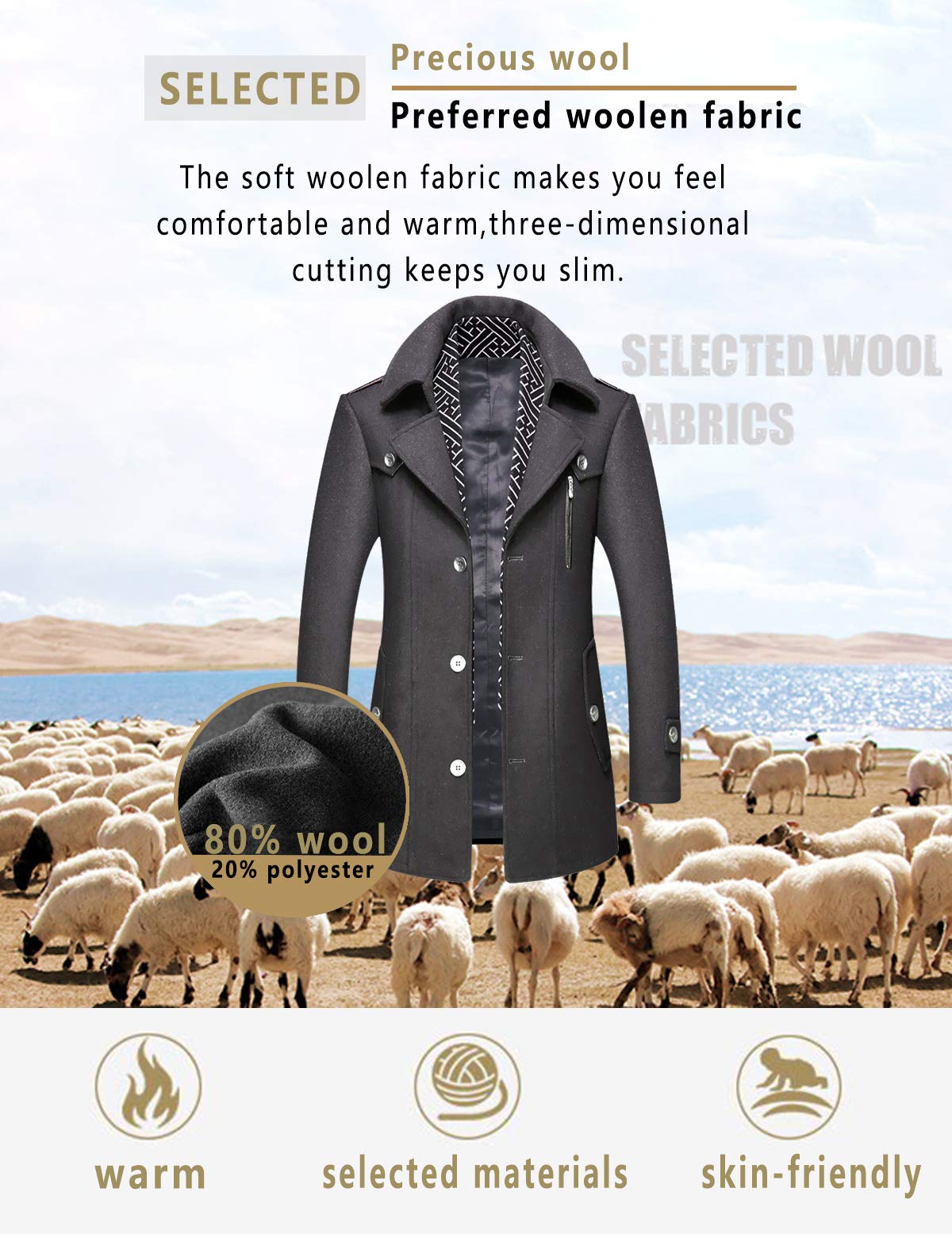 iCKER Men's Slim Fit Wool Pea Coat - Winter Trench Jacket for Business & Casual Wear | Warm Outerwear for Office, Dating & Daily Use