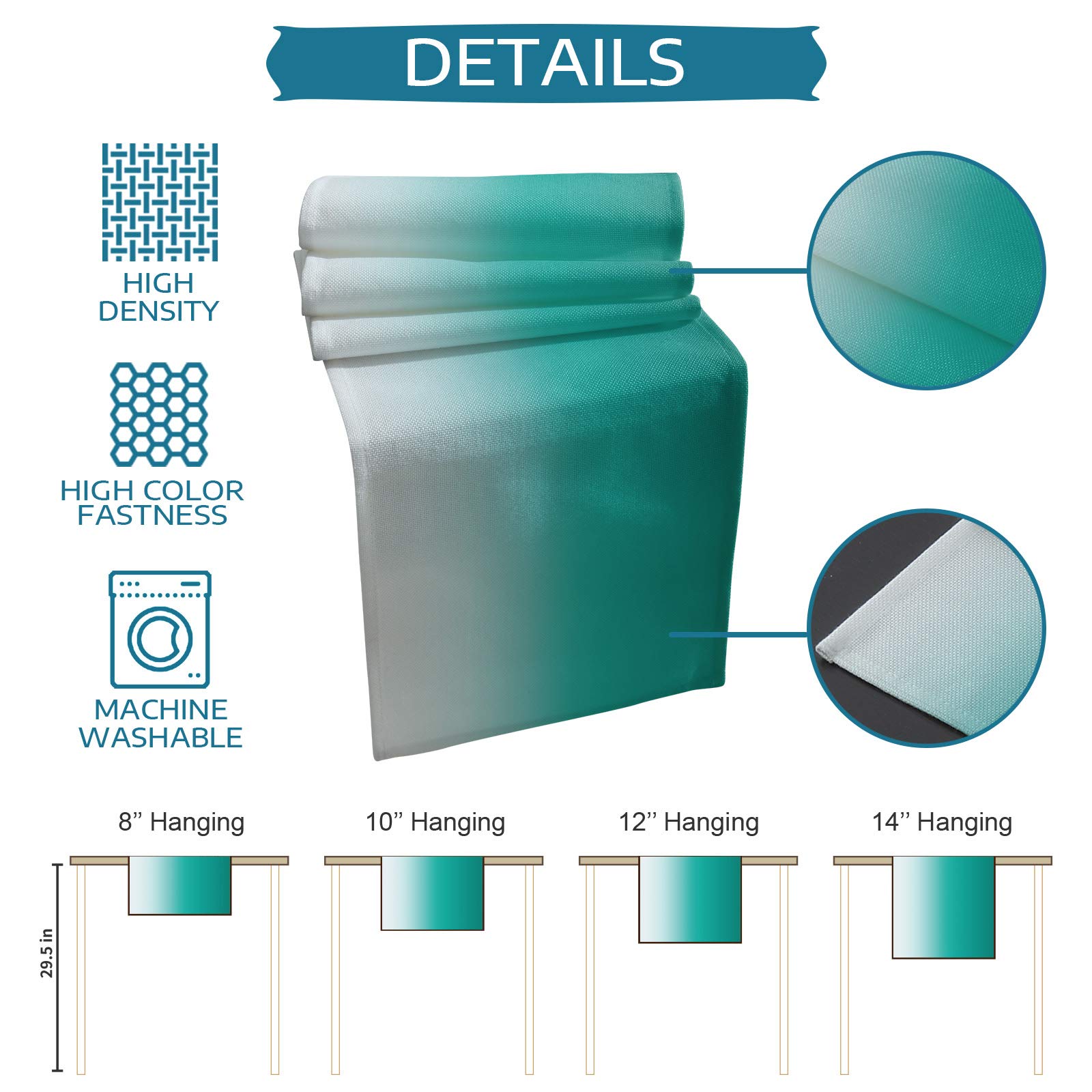 Ombre Turquoise Cotton Linen Table Runner - 16x72 Inch Teal White Gradient Rectangular Table Cover for Wedding, Holiday Party, Farmhouse Kitchen & Dinner Decor | Dresser Scarf, Table Setting Accessory
