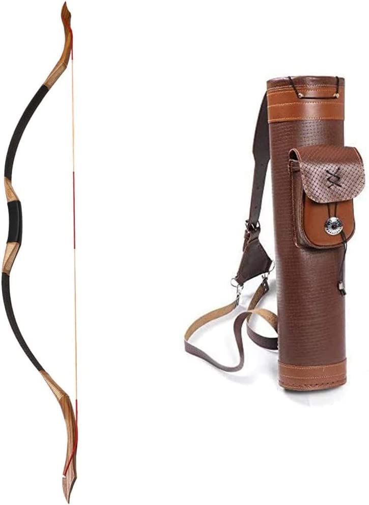 TOPARCHERY 53'' Traditional Recurve Bow - Handmade Horse Bow for Hunting & Archery | Includes Leather Quiver & Shoulder Back | Brown Wooden Bow for Outdoor Sports, Target Practice & Medieval Reenactment