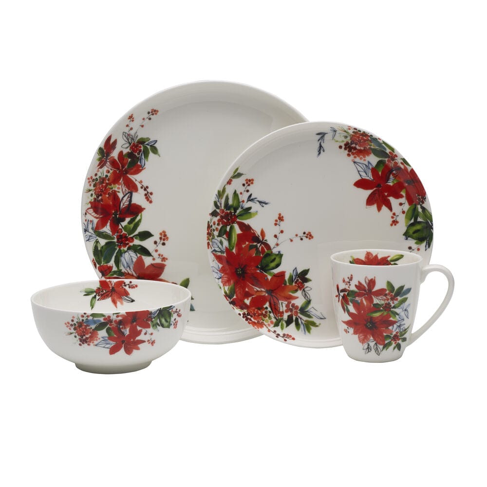 16-Piece Winter Poinsettia Dinnerware Set - Service for 4 | Elegant Holiday Tableware for Christmas Dinner & Festive Gatherings