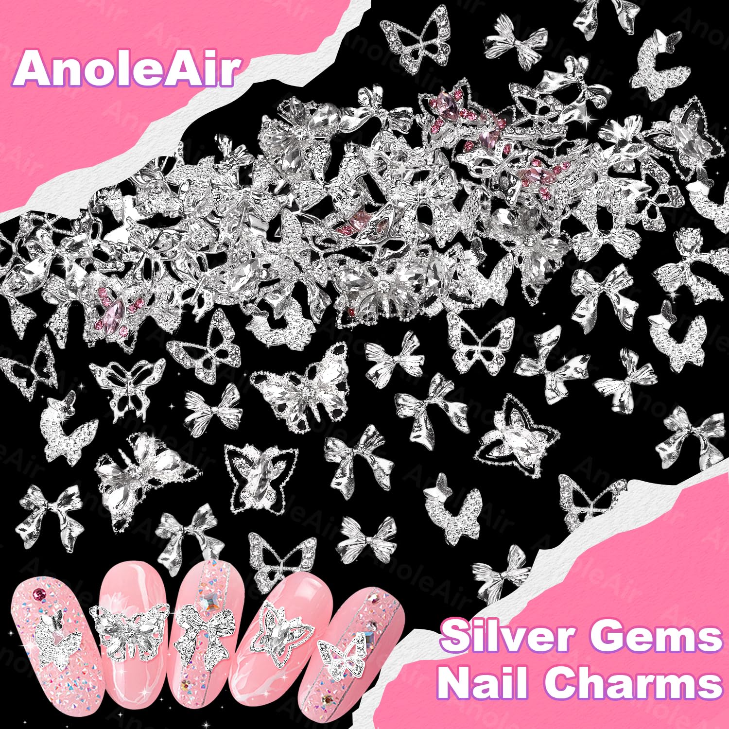 80 Pcs Silver Butterfly Nail Charms & Gems - 3D Pink Butterfly Bowknot Nail Art Decorations, Alloy Silver Nail Bows for Acrylic Nails DIY, Y2K Style Nail Accessories - Perfect for Manicures, Nail Salons & Party Nail Art Designs