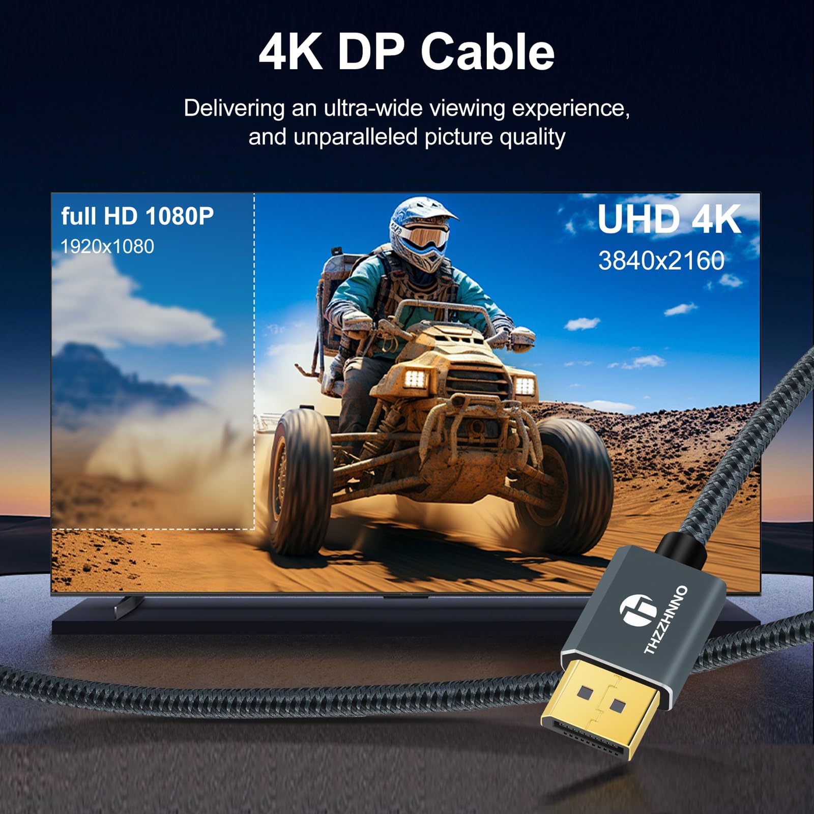 Thzzhnno DisplayPort Cable 1M (3.3ft) - Certified DP 1.2, Gold-Plated Connectors, 4K@60Hz & 2K@165Hz/144Hz - High-Speed Gaming Monitor Cable for PC, Laptop, Workstation - Perfect for Esports, Video Editing & Multi-Screen Setup