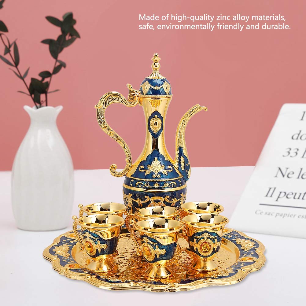 Vintage Turkish Tea Set with Gold Coffee Pot & 6 Cups - Elegant Metal Tea Set with Tray for Home, Bar, Tea Party, Wedding Gift - Perfect for Turkish Coffee Ceremonies & Afternoon Tea Gatherings