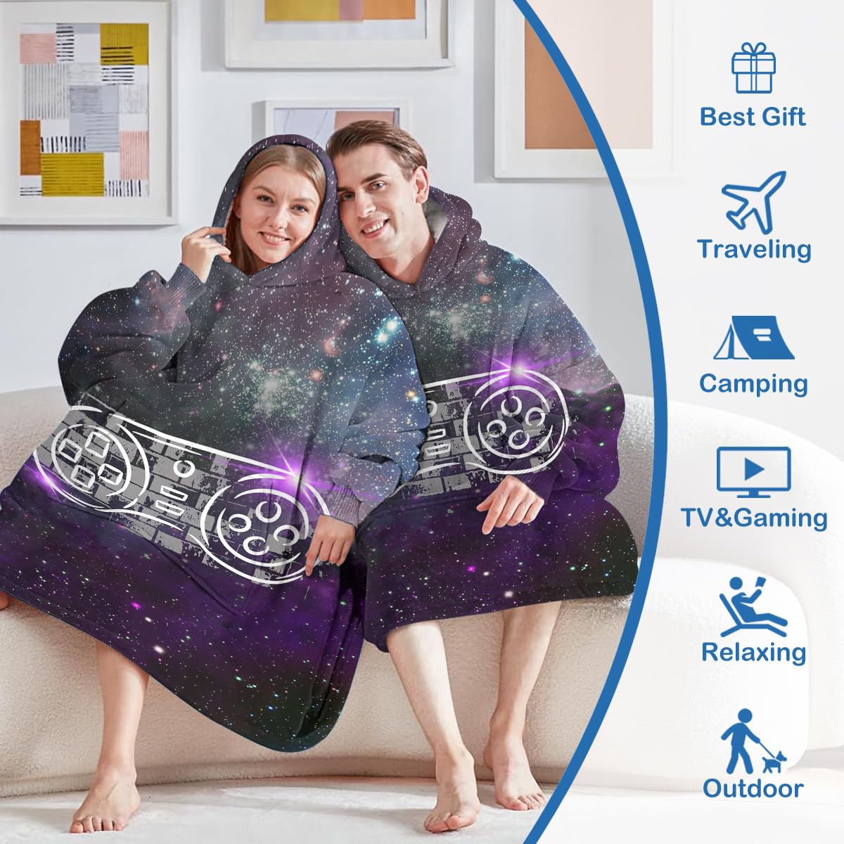 Sleepwish Gaming Wearable Blanket Hoodie for Boys - Colorful Gamepad Print Sherpa-Lined Sweatshirt | Cozy Wearable Blanket for Video Game Nights & Winter Lounging