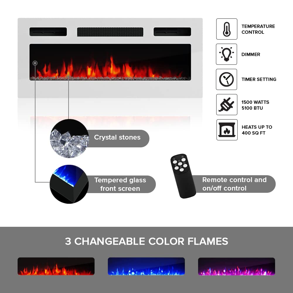Modern High Gloss Fireplace TV Stand with Storage Cabinets & 16-Color LED Lights - Rova WH-EF Entertainment Center Console Table (White/Black) - Perfect for Living Room, Bedroom & Home Theater Setup