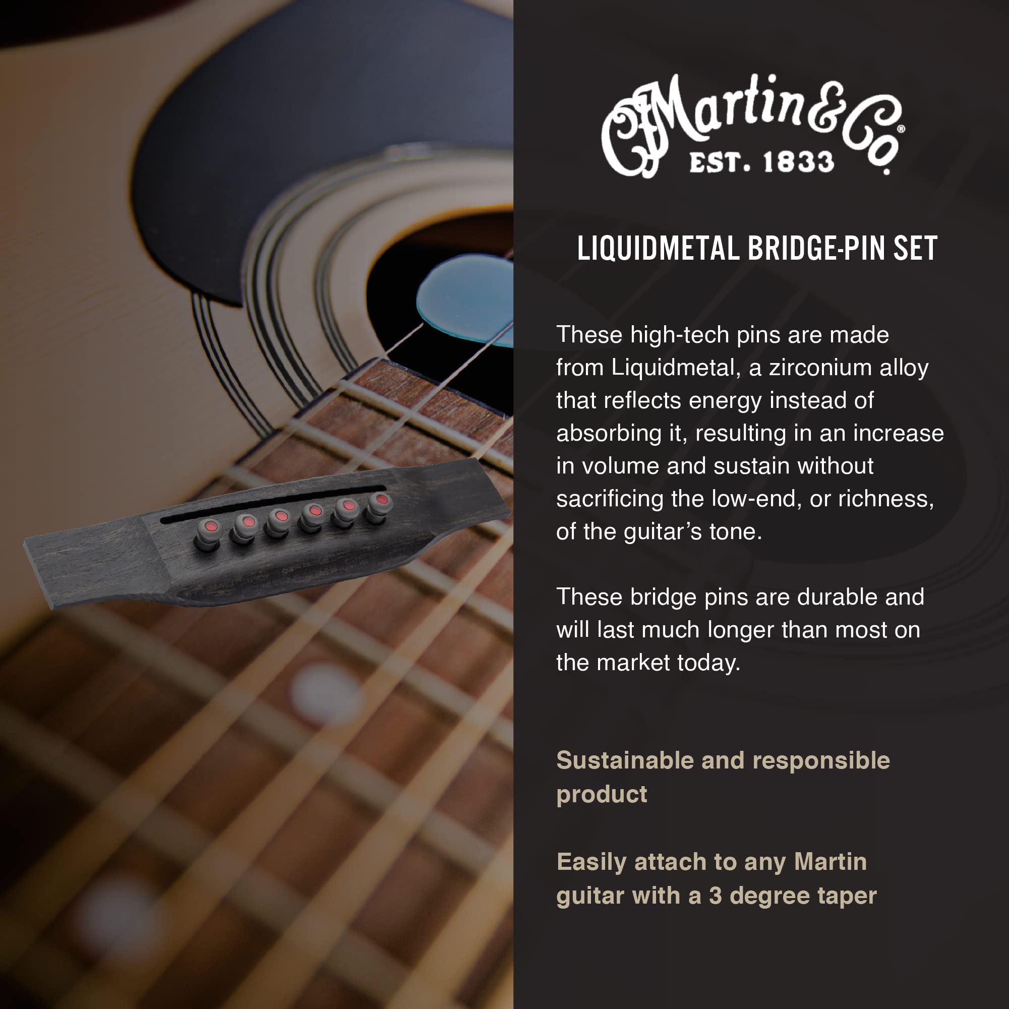Premium Martin Guitar LUXE Acoustic Guitar Bridge Pins Set - 6 Matte Grey Pins with Elegant Red Inlay | Durable Replacement Parts for Martin & Other Acoustic Guitars | Perfect for Guitar Maintenance & Sound Enhancement
