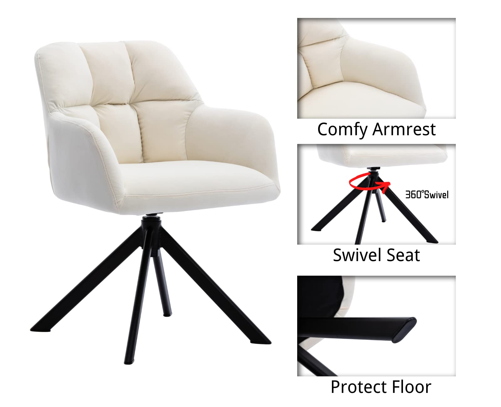Velvet Swivel Accent Chair with Armrests - Mid Back Upholstered Desk Chair for Small Spaces, No Wheels - Perfect for Home Office, Bedroom, Living Room & Vanity Reading (White)