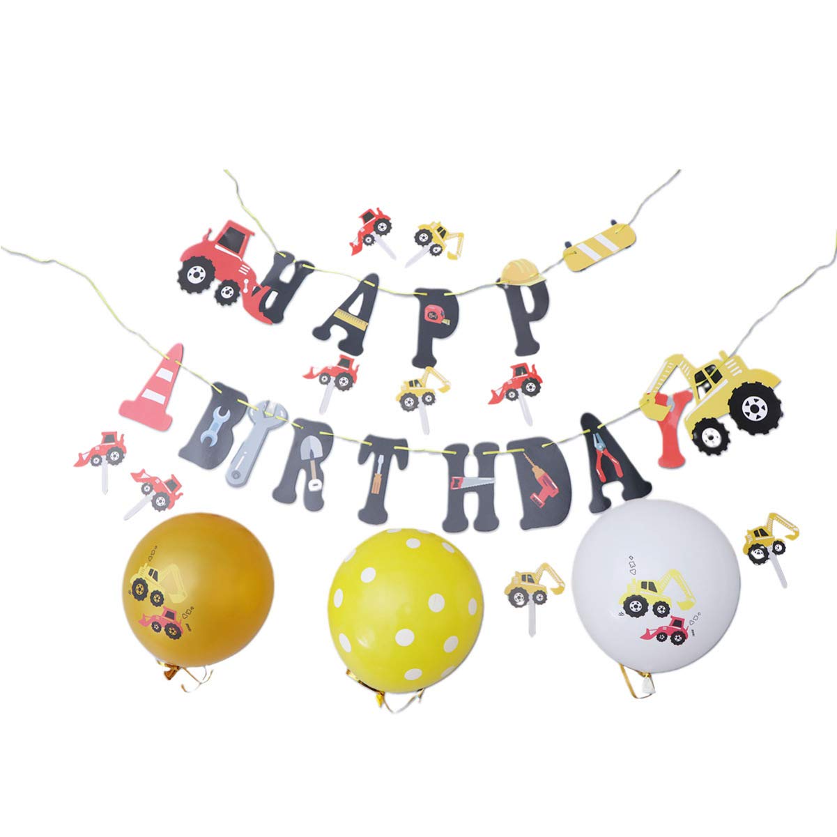 PRETYZOOM 35pcs Construction Birthday Party Decorations Set - Dump Truck Balloons (12pcs), Excavator Balloons (8pcs), Polk Dot Balloons & Banner - Perfect for Kids Construction Themed Birthday Parties, Baby Showers & Construction Site Decorations