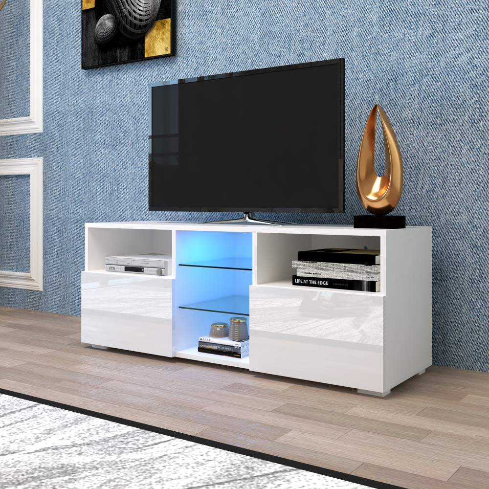 Modern TV Stand for 55 Inch TV - Minimalist High-Gloss Entertainment Center with LED Lights, Storage Shelves & Doors - 20 Color Options - Perfect for Small Living Rooms & Compact Spaces (White)