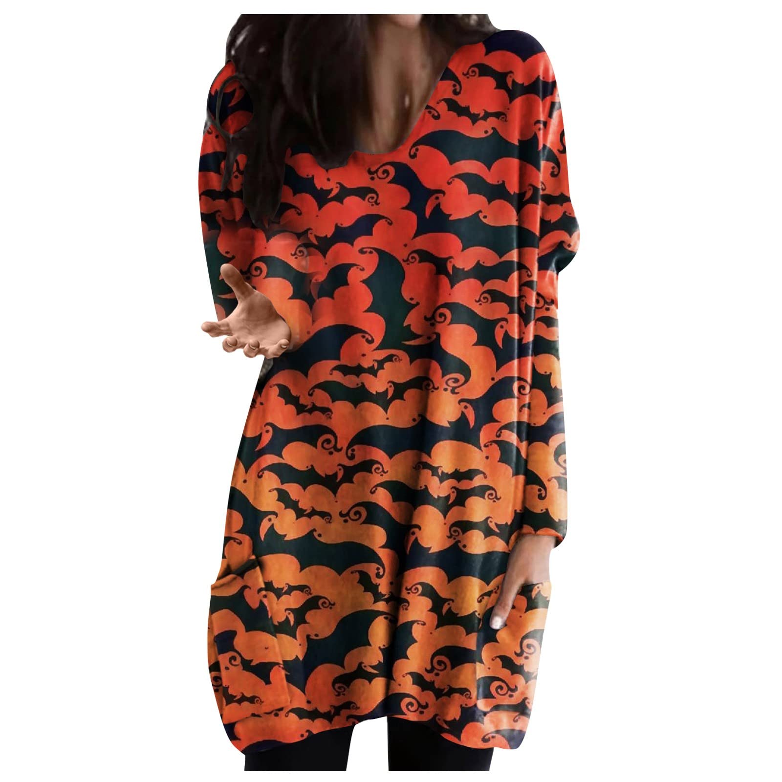 Women's Halloween Graphic T-Shirt - Pumpkin & Black Cat Print Long Sleeve Blouse, Loose Fit Tunic Top with Pockets | Perfect for Halloween Parties, Costume Contests & Autumn Festivals
