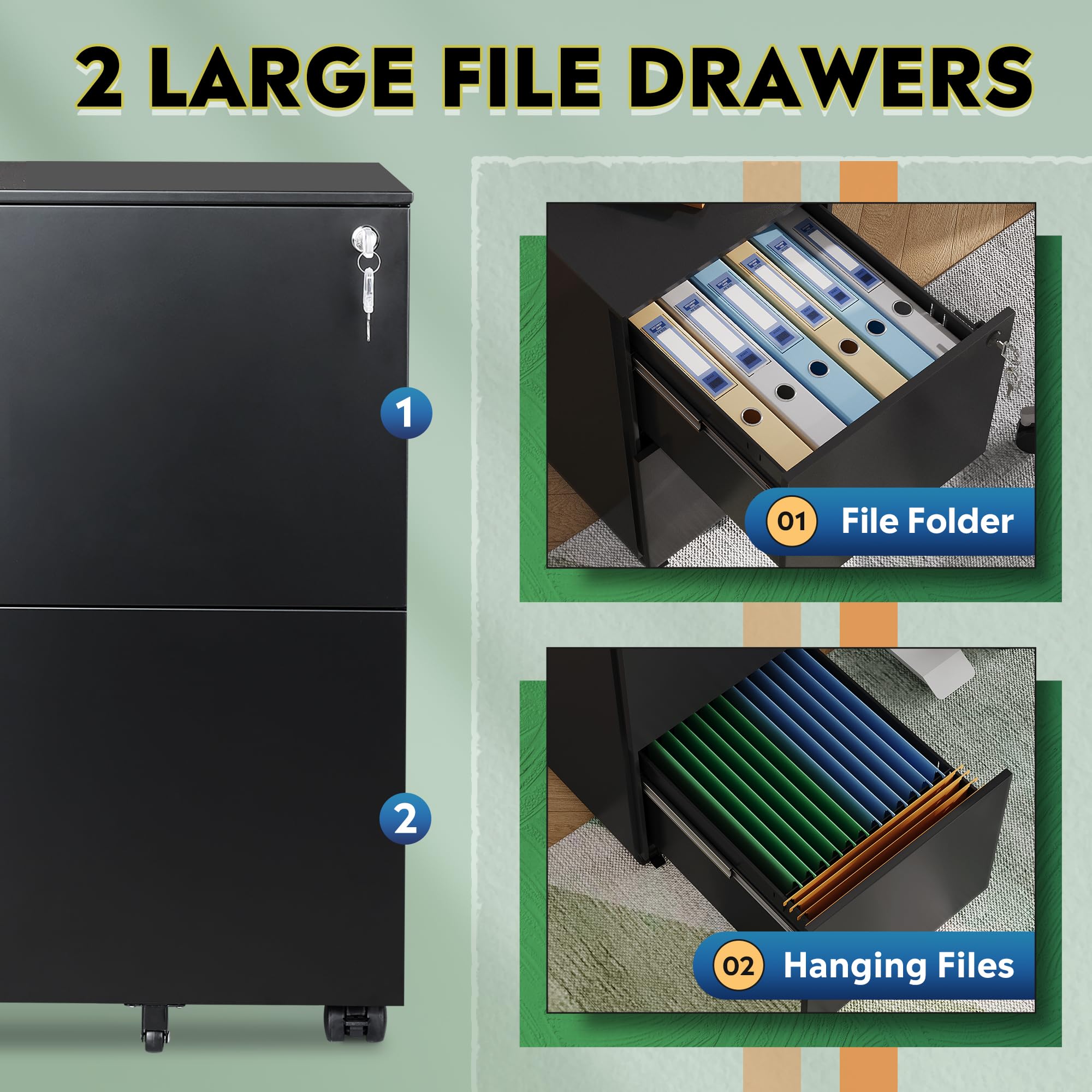 DEVAISE 2-Drawer Locking Rolling File Cabinet - Black Metal Filing Storage for Home Office, Fully Assembled Under Desk Organizer - Perfect for Document Storage & Workspace Organization