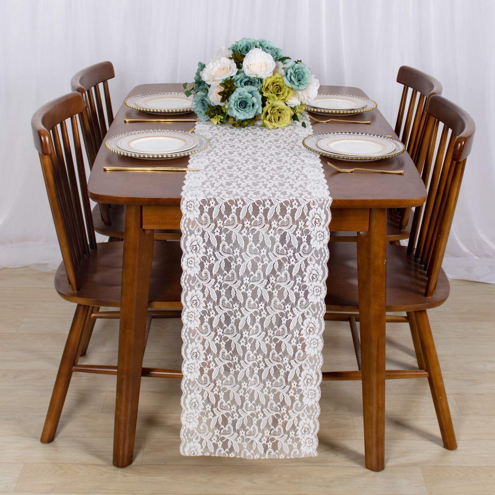 ShinyBeauty 12x120-Inch White Floral Lace Table Runner - Vintage Embroidery Table Cloth for Wedding, Party, Dining Room & Home Decor - Elegant Lace Fabric Table Cover for Romantic Events & Everyday Use