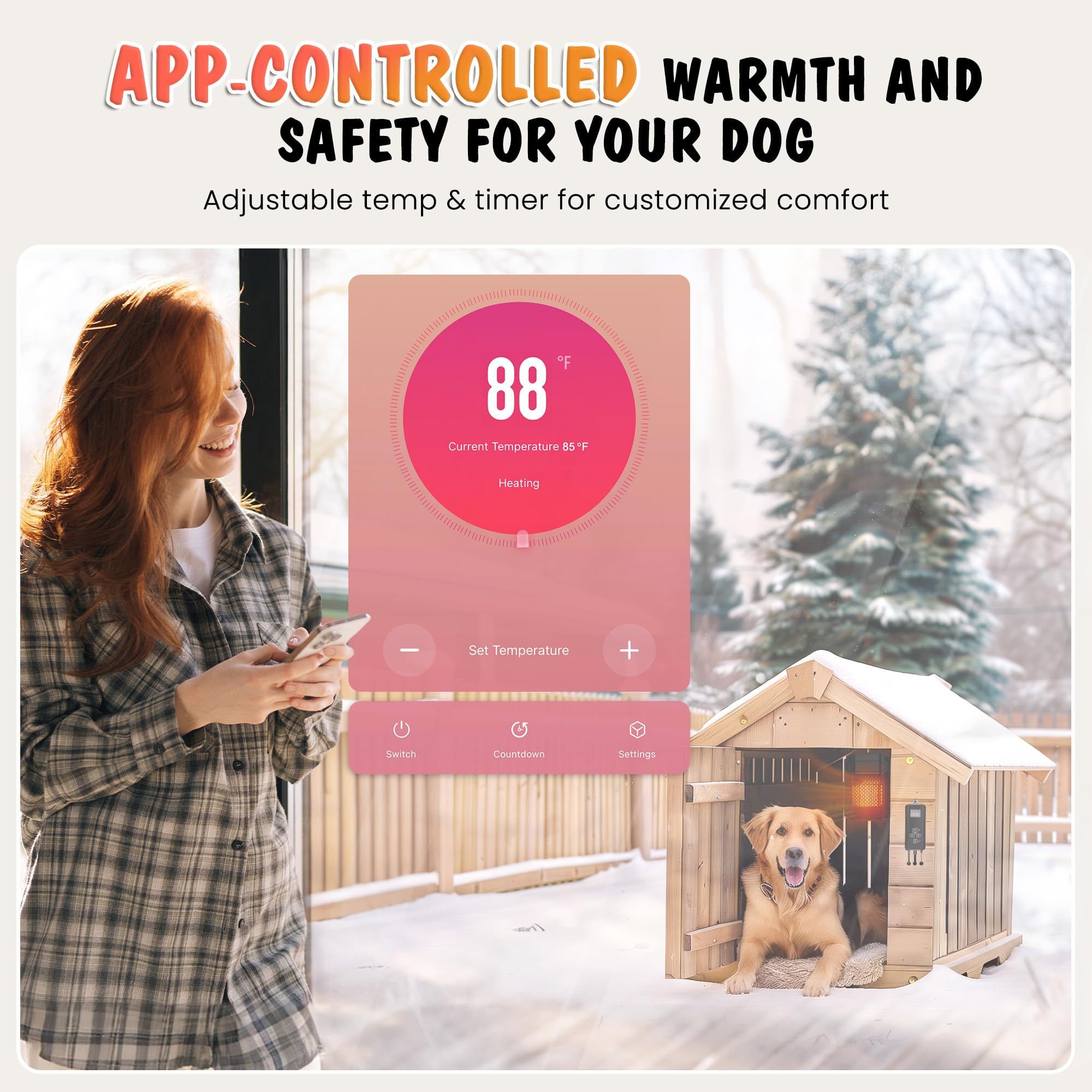 500W WiFi Dog House Heater with Thermostat & APP Control - Outdoor Pet Heater with 6.5FT Temperature Probe, Adjustable Temperature & Timer - Perfect for Winter Kennels, Garages, and Outdoor Dog Houses