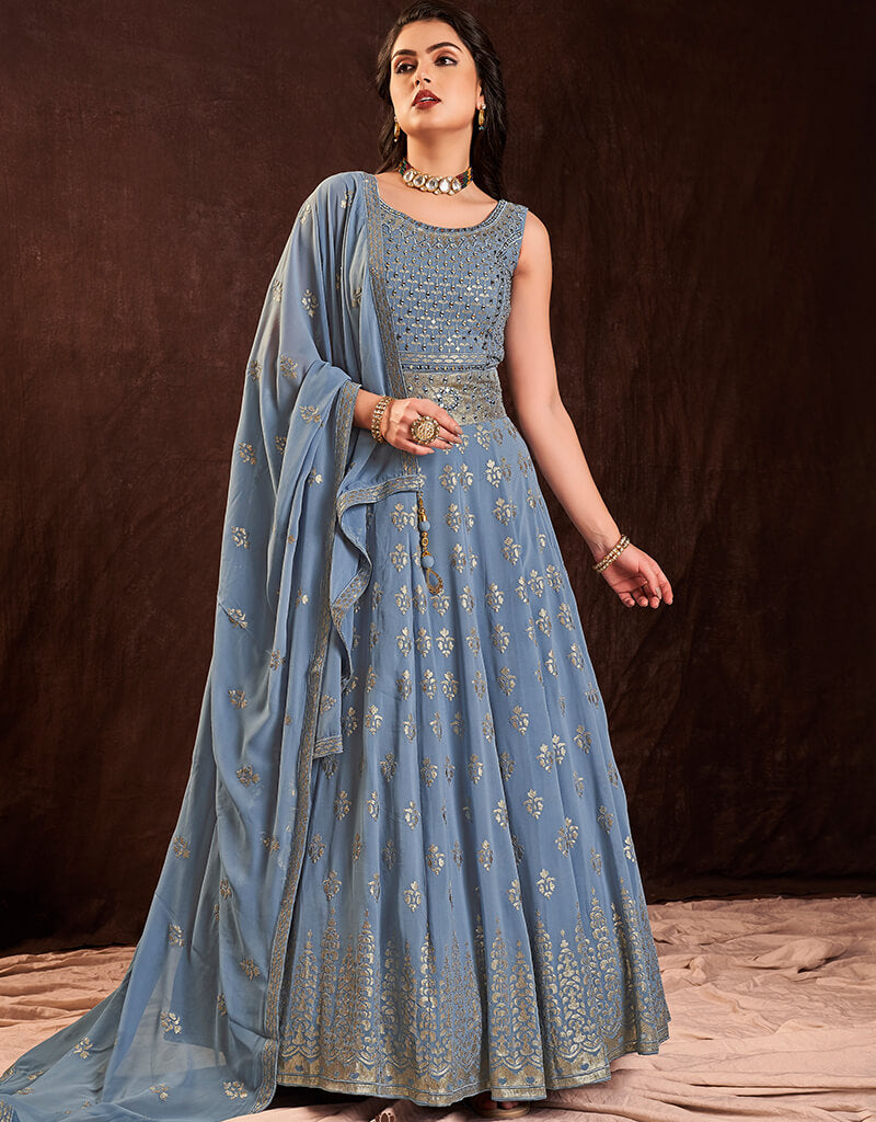 Elegant Blue Georgette Anarkali Dress for Women - Perfect for Weddings, Parties & Festive Occasions