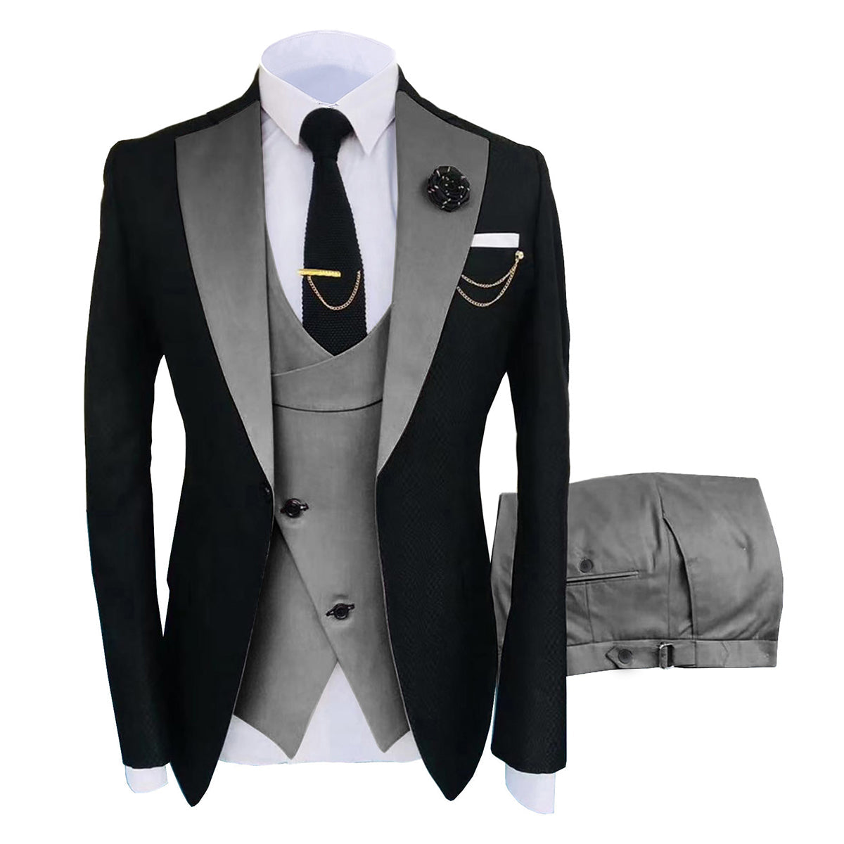 Stylish Men's 3-Piece Slim Fit One Button Color Block Suit - Grey | Perfect for Weddings, Business Meetings & Formal Events