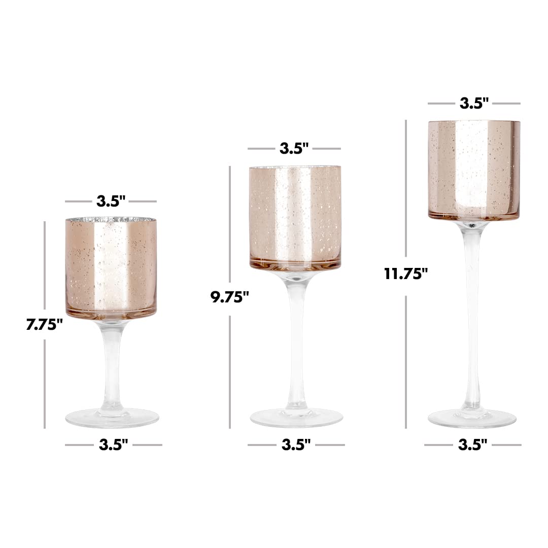Rose Gold Candle Holder Set of 3 - Long Stem Glass Floating Candle Holders for Table Centerpiece, Wedding, Home Decor & Romantic Ambiance | Tall Tealight Candle Holders in Elegant Rose Gold Finish
