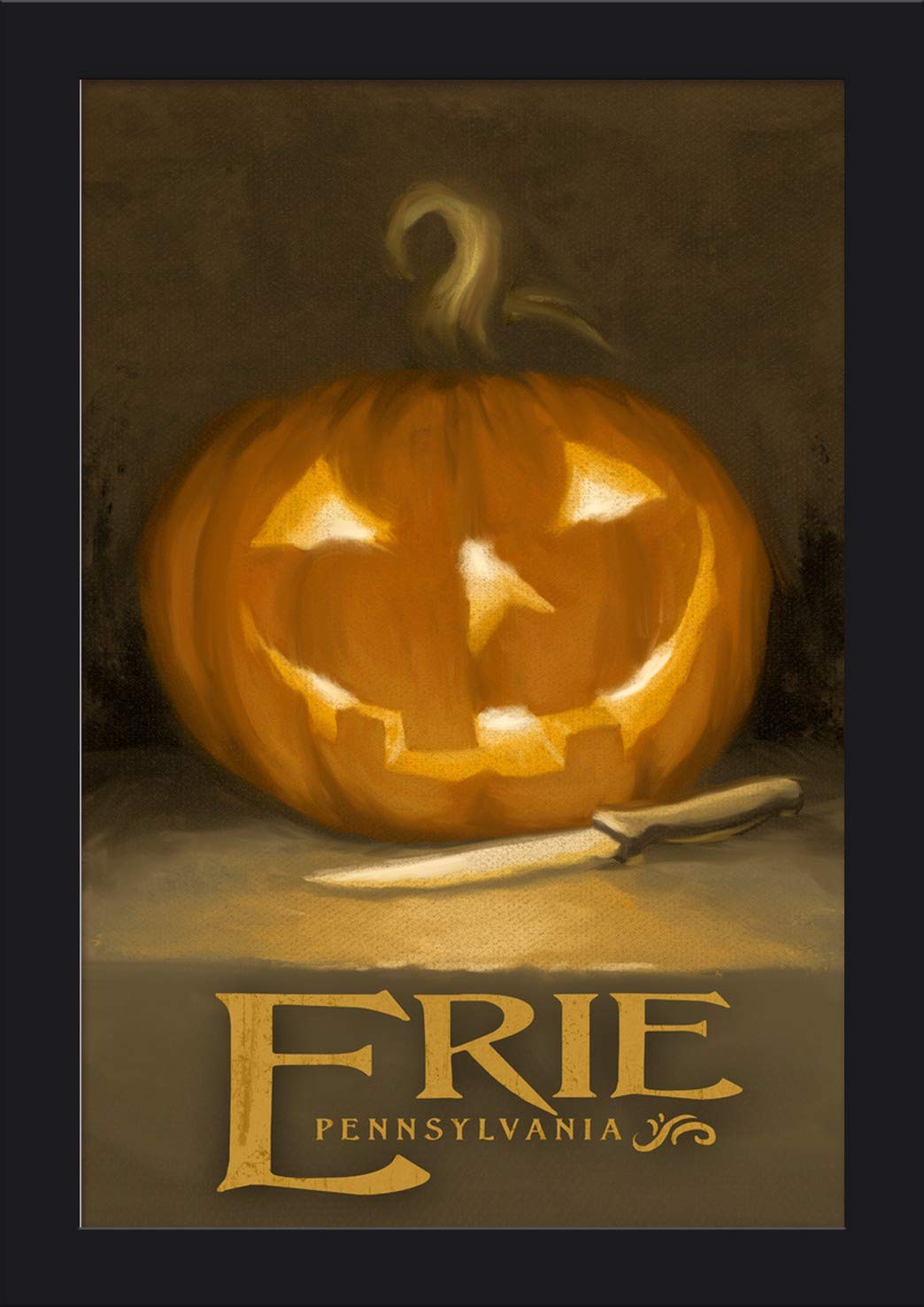Eerie Jack-O-Lantern Halloween Oil Painting - 12x18 Giclee Fine Art Print with Recycled Wood Frame in Black - Perfect for Spooky Home Decor & Halloween Party Decorations
