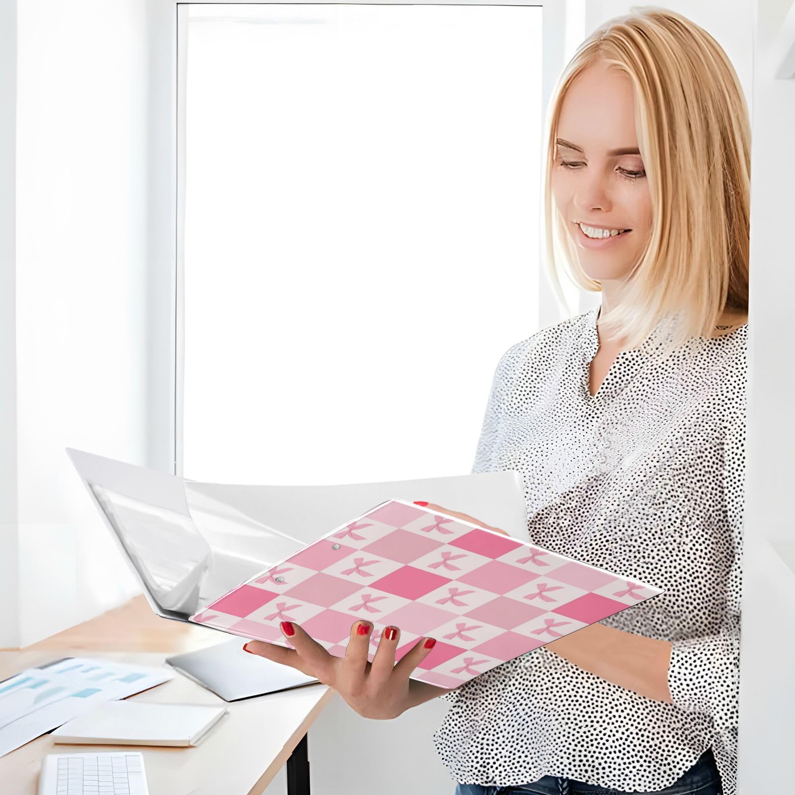 Pink Checkered 3-Ring Binder with Bow Design - Metal Clip Notebook for School, Office & Home - 1 Pack | Perfect for Organizing Notes, Documents & Homework