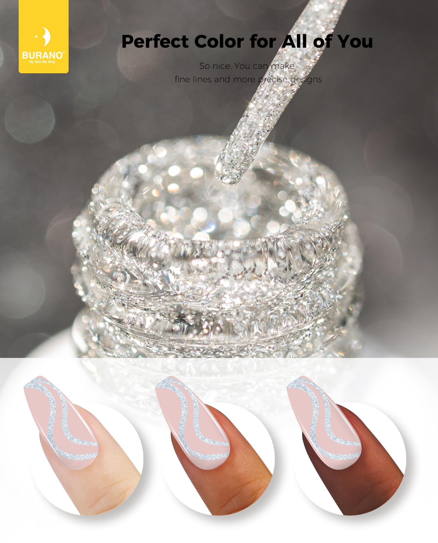 BURANO Holographic Gel Nail Polish - Reflective Glitter Nail Art Liner with Thin Brush, Chrome Gel Polish for Nail Designs (8ml, Curing Required) - Perfect for Salon, DIY Manicures & Special Occasions