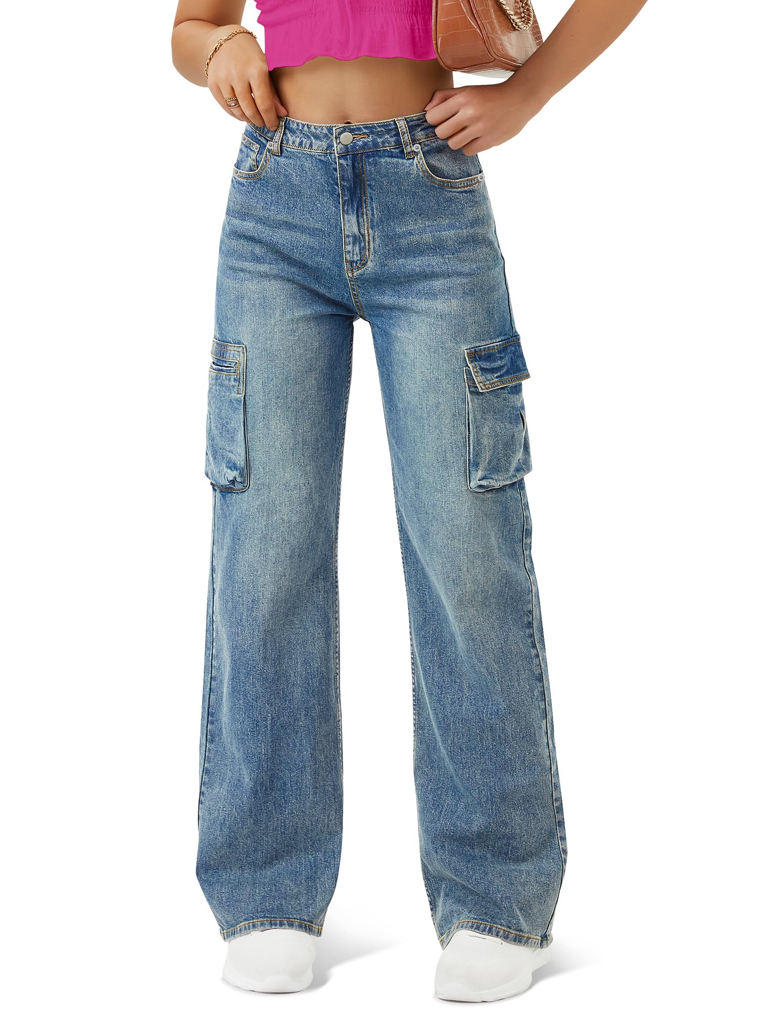 Women's High Waisted Cargo Jeans with 6 Pockets - Straight Wide Leg Baggy Pants for Casual Wear | Perfect for Street Style, Outdoor Adventures & Everyday Comfort