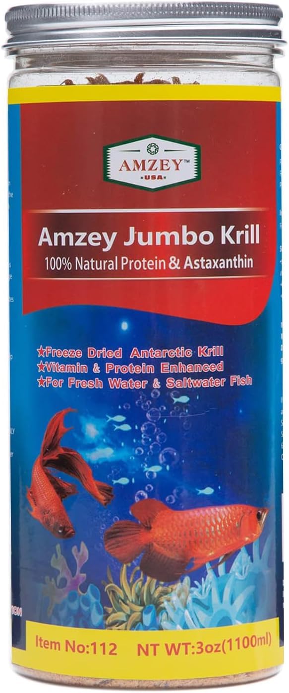 Amzey Freeze-Dried Jumbo Krill 3 oz - High in Omega-3 & Vitamins | Premium Superfood for Cats, Dogs & Fish | Ideal for Freshwater & Saltwater Aquariums, Pet Treats & Nutritional Supplements