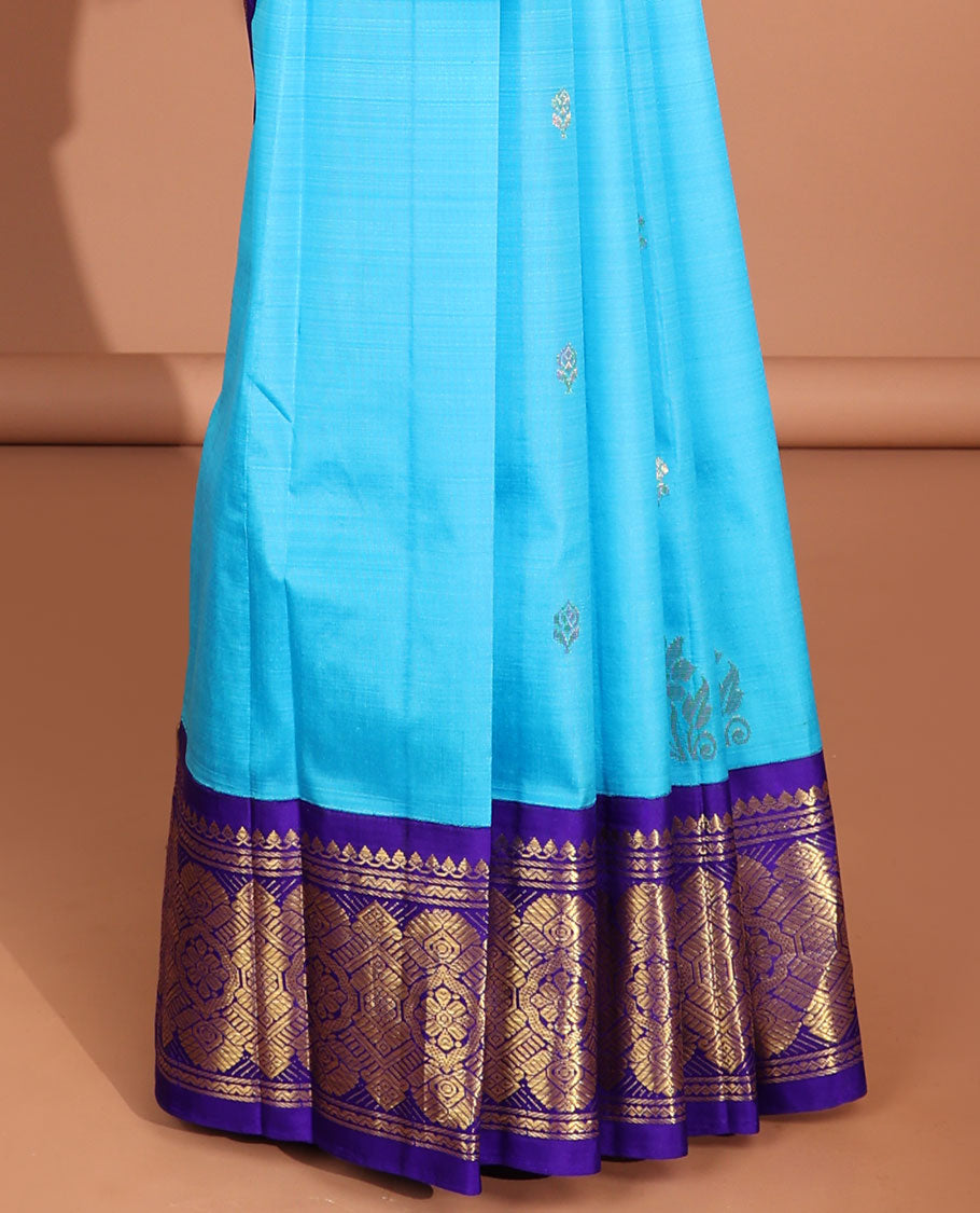 Blue Floral Butta Kancheepuram Silk Saree with Intricate Zari Border & Floral Pallu - Elegant Indian Bridal Wear for Weddings & Festive Occasions