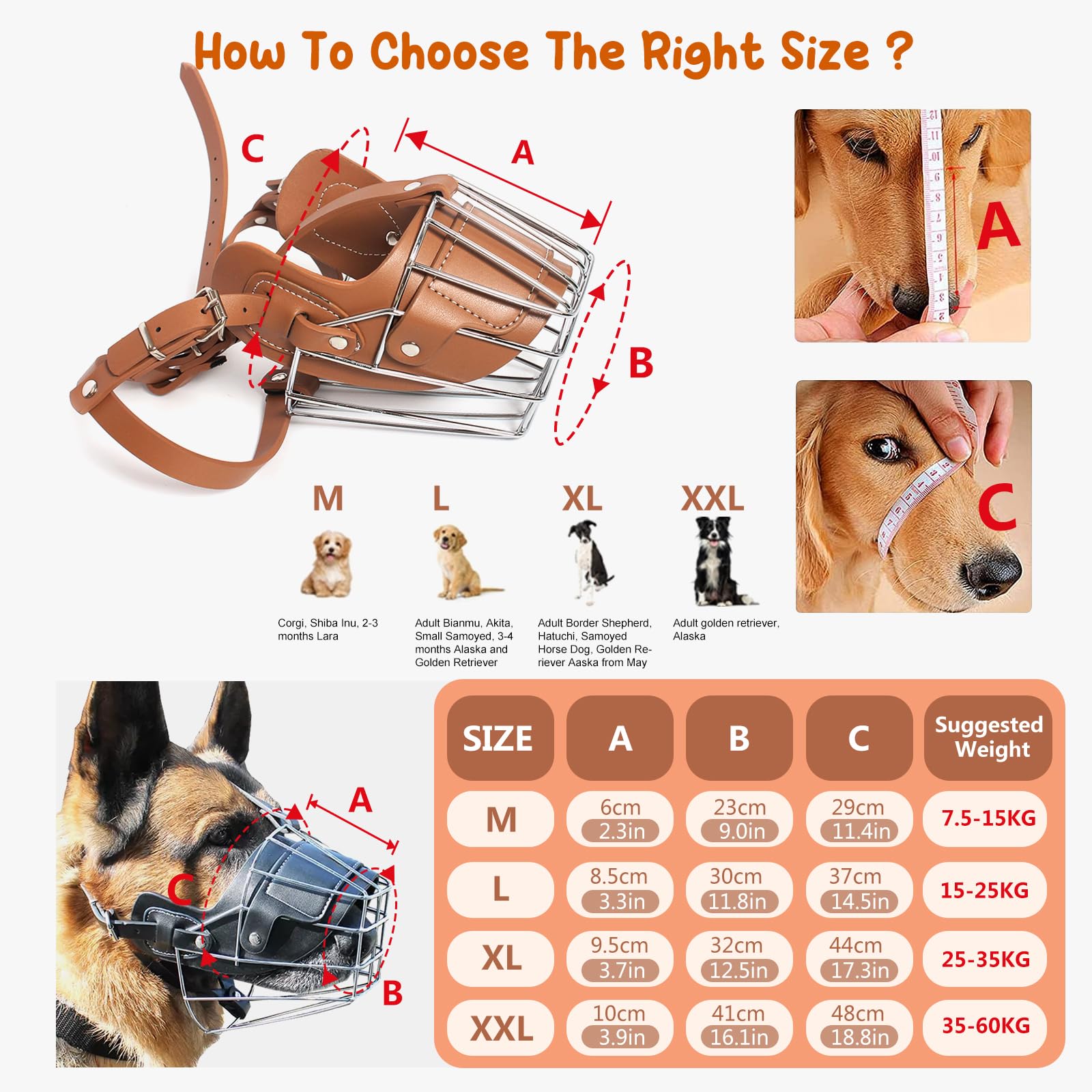 Durable Adjustable Metal Basket Dog Muzzle for Medium & Large Dogs - Anti-Bite Chew Proof Leather Strap Muzzle with Panting & Drinking Design (Brown) - Perfect for Training, Grooming, and Vet Visits