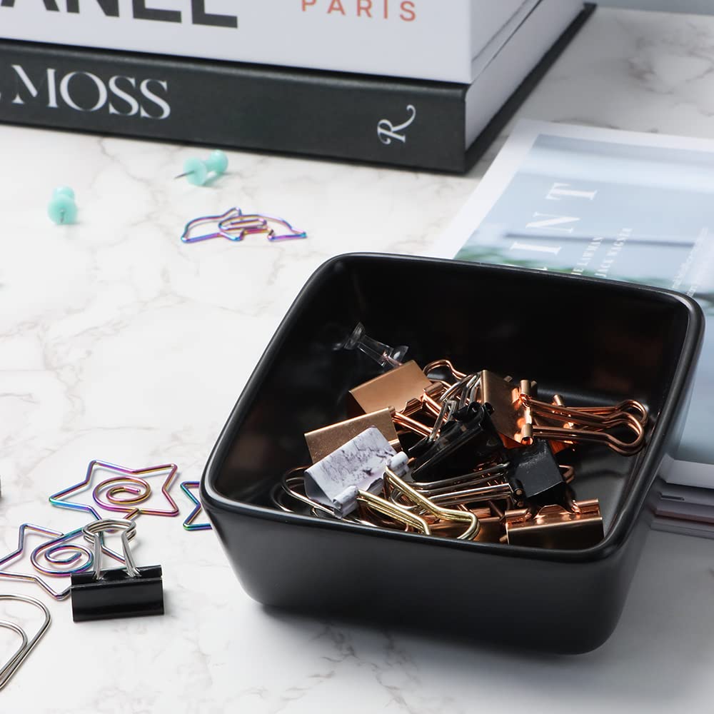 Vibrant Candy Color Ceramic Paper Clip Holder - 3.5 Inch Square Desk Organizer for Paperclips & Binder Clips | Perfect Office & School Stationery Accessory (Black)