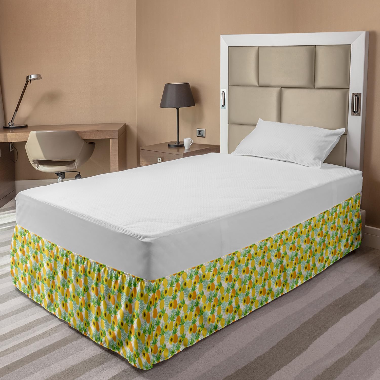 Ambesonne Summer Bed Skirt - Sunflower & Pineapple Doodle Design, Elastic Wrap Around Gathered Bedroom Decor for Twin/Twin XL - Perfect for Boho & Farmhouse Style Bedrooms