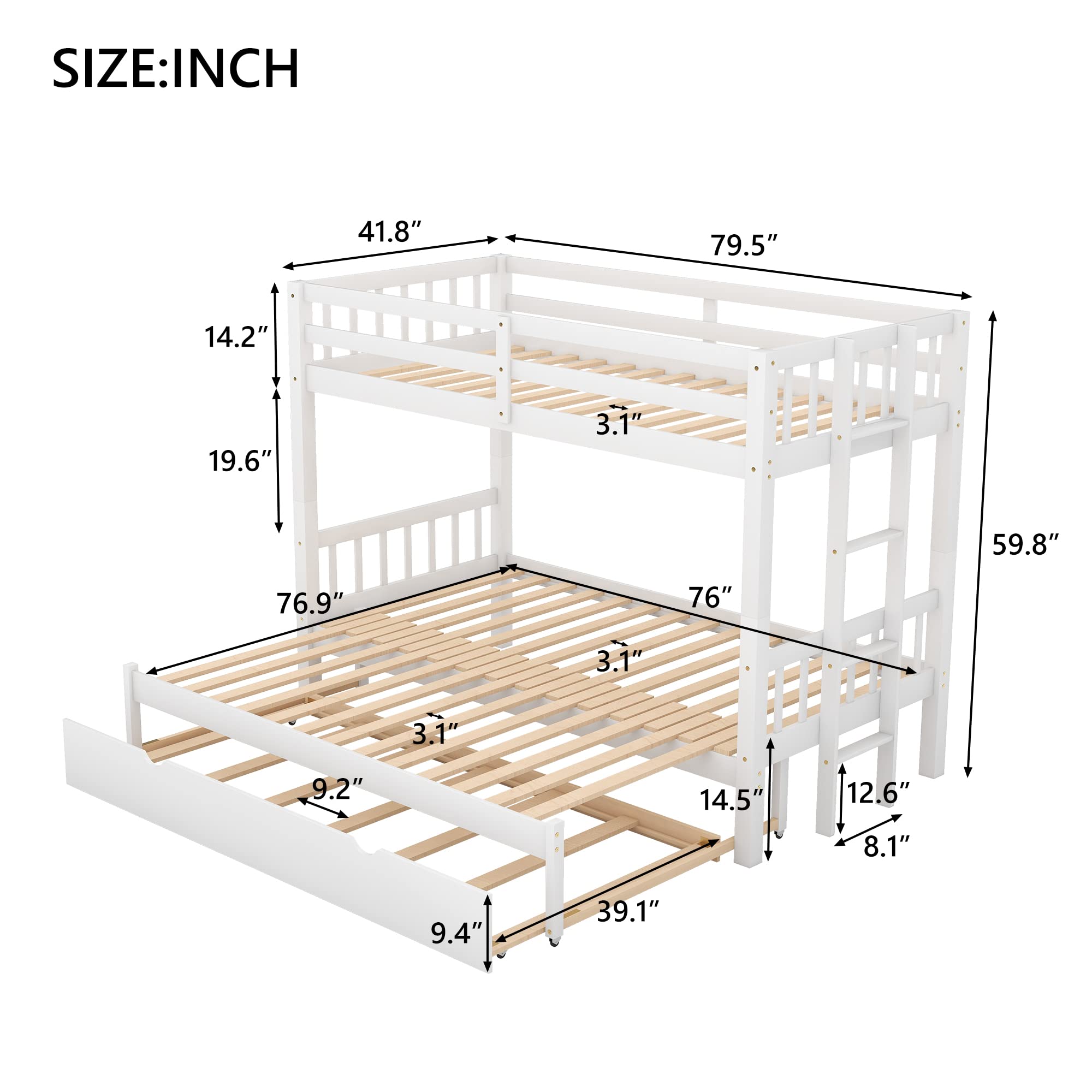 Twin Over Twin Bunk Bed with Trundle - Expandable Wooden Bunk Bed Frame for Kids with Ladder & Safety Rail - Convertible to Twin/Double Bed - Perfect for Small Bedrooms, Guest Rooms & Vacation Homes - White