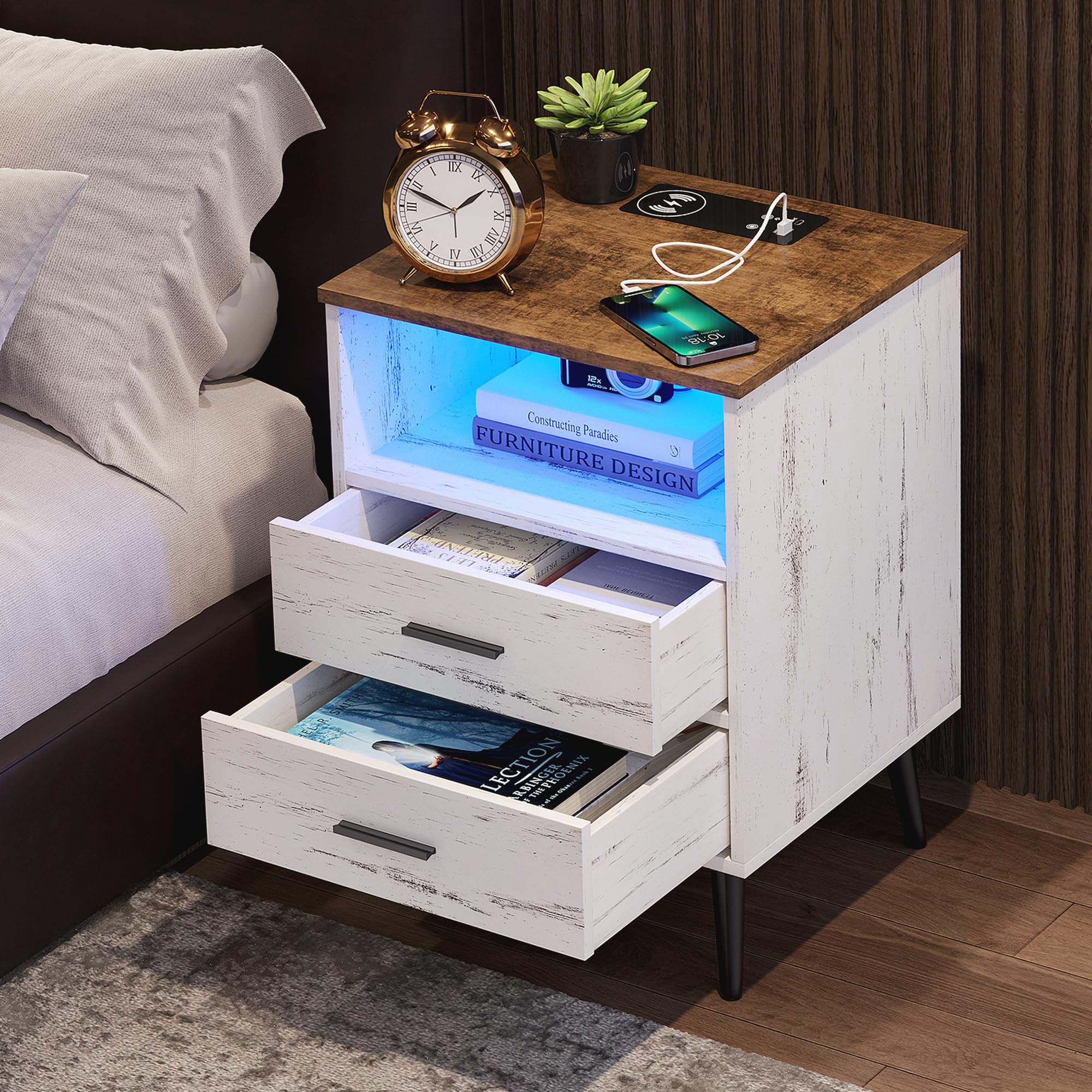 LVSOMT Modern LED Nightstand with USB Charging Station, 3-Color Dimmable Bedside Lamp, Wooden Bedside Table with Drawer & Open Shelf - White Nightstand with Metal Legs for Bedroom, Living Room & Office