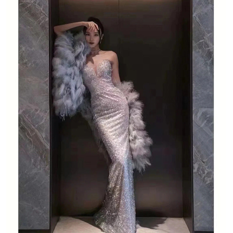 Elegant Gray Mermaid Evening Dress with Sequins - Long Prom Gown for Women Size 50 | Perfect for Formal Events, Homecoming, Pageants & Special Occasions