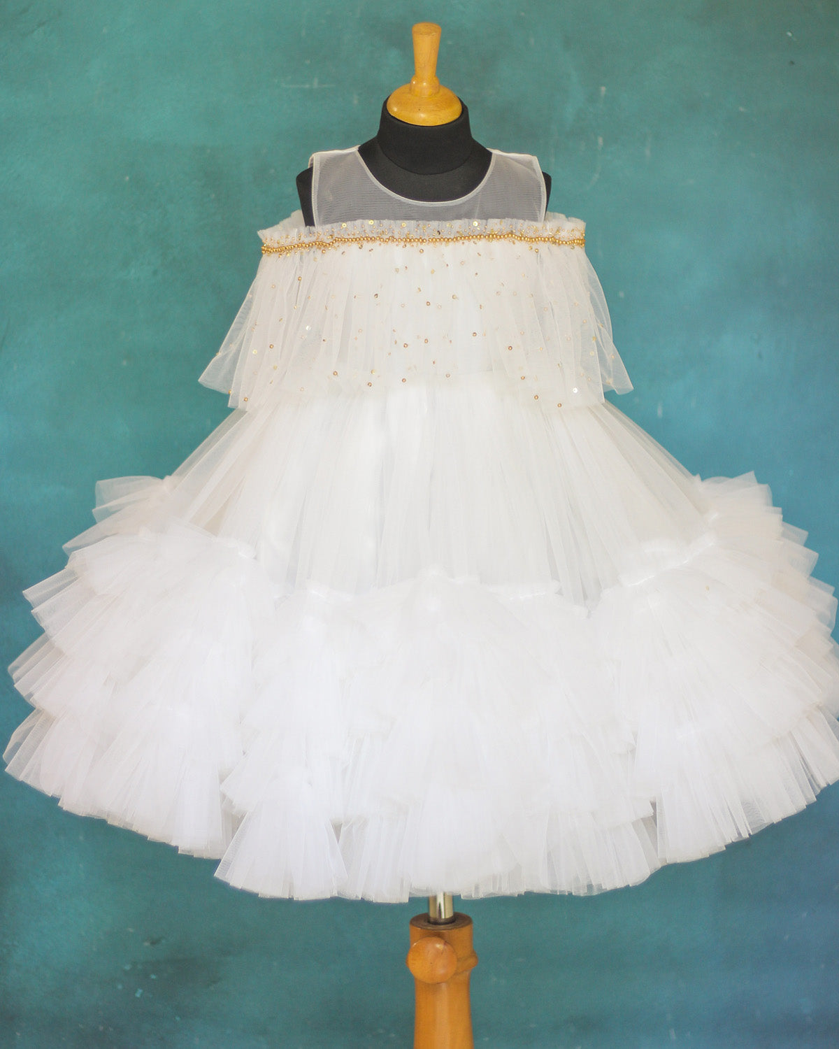 Pre Order: Elegant Cloudy White Frilled Gown with Exquisite Hand-Embroidered Yoke - Perfect for Weddings, Prom & Special Occasions