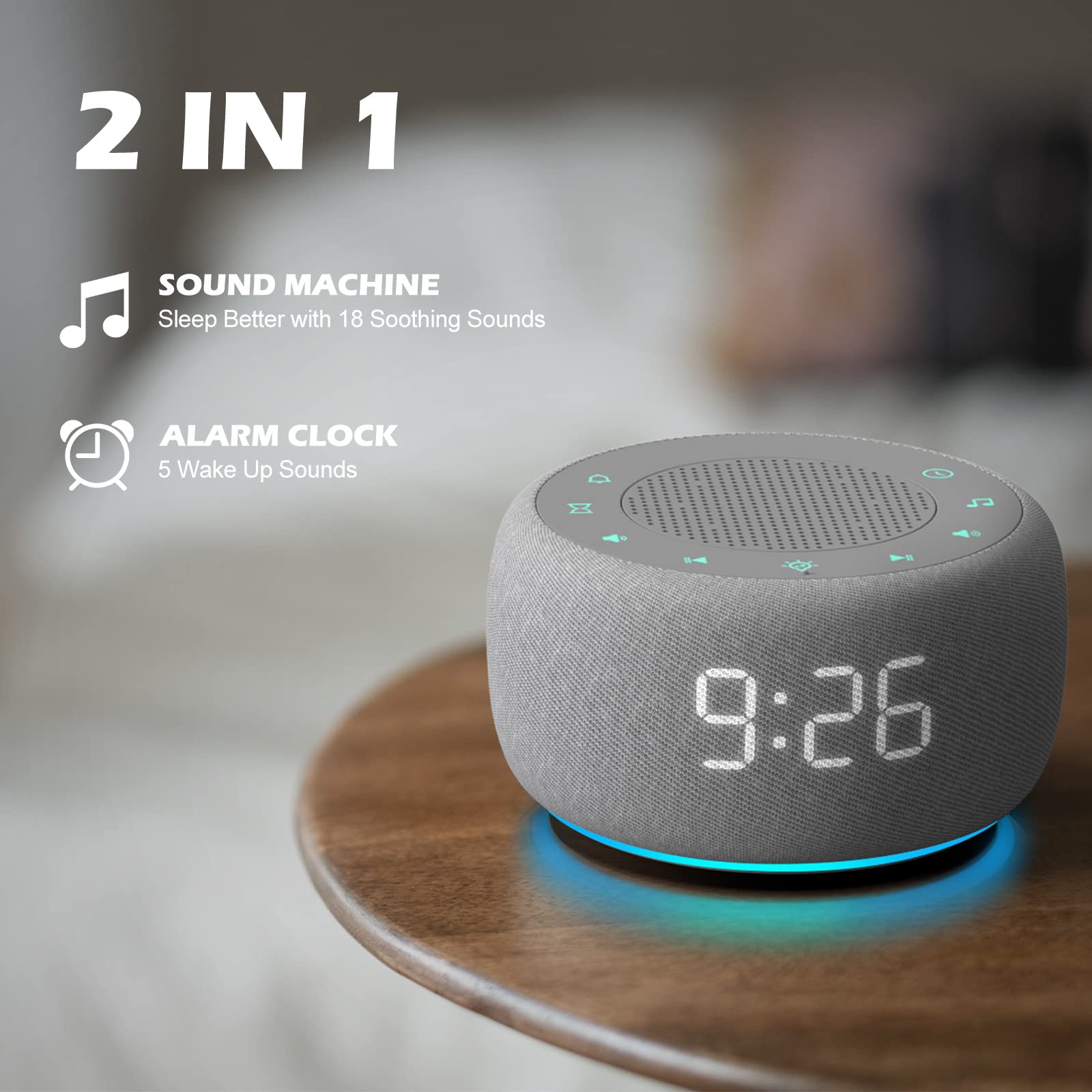 Buffbee 2-in-1 White Noise Machine & Alarm Clock with 18 Soothing Sounds, 7 Night Light Colors, Sleep Timer and 30-Level Volume Control - Perfect for Baby Sleep, Meditation, Office Focus and Home Relaxation