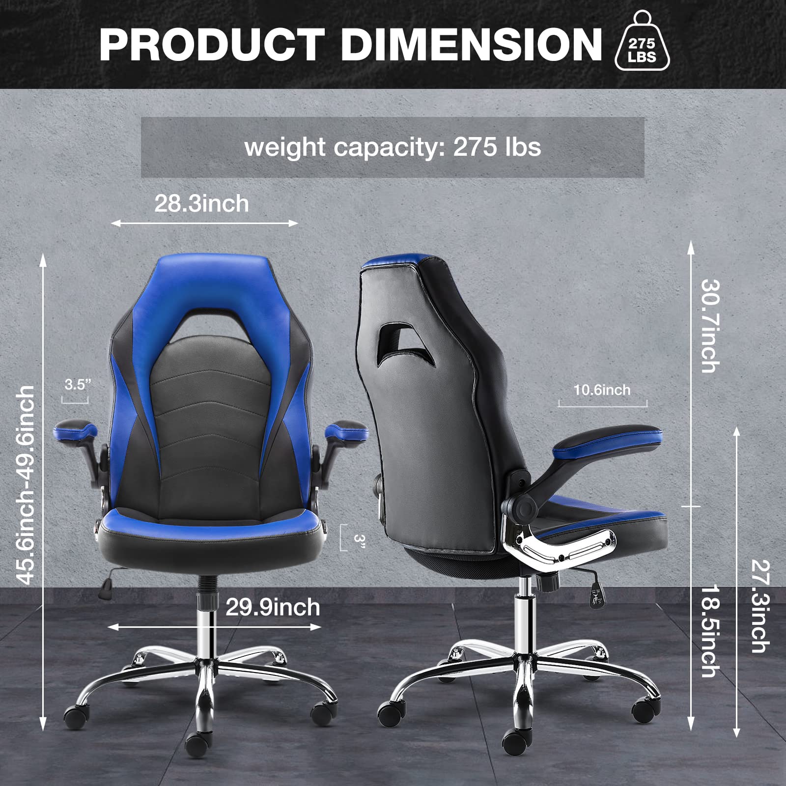 OLIXIS Ergonomic Gaming & Office Chair - Adjustable PU Leather Executive Swivel Desk Chair with Flip-Up Armrests, Lumbar Support - Perfect for Home Office, Gaming Setup, Study & Work (Grey-Blue, Model A-95blue)