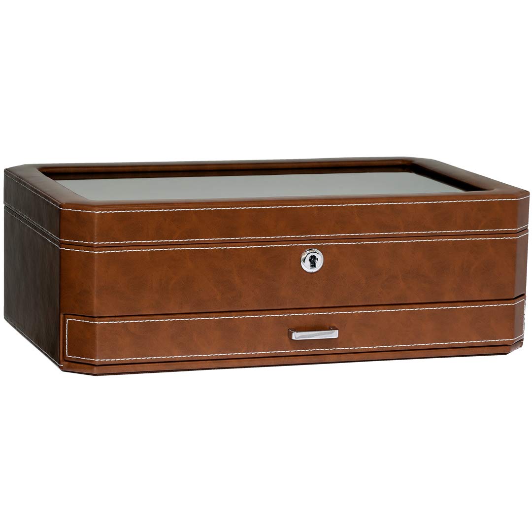 ROTHWELL 12 Slot Leather Watch Box with Valet Drawer - Luxury Watch Case Organizer for Men, Microsuede Lined Jewelry Display Case (Tan/Brown) - Perfect for Watch Collectors & Jewelry Storage at Home or Office