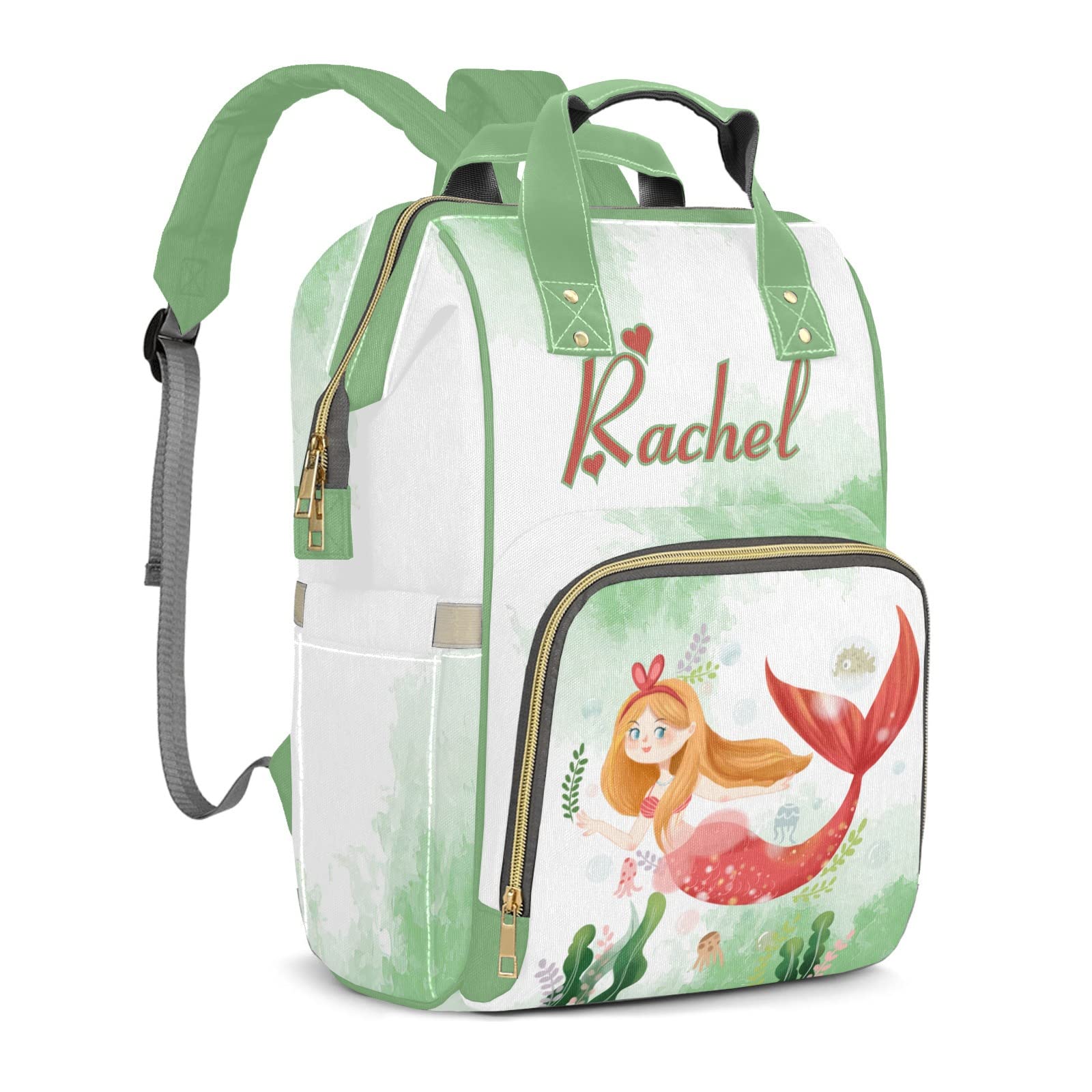 Custom Personalized Mermaid Watercolor Green Mummy Diaper Backpack - Name Embossed Nappy Bag for Baby Essentials | Perfect for Travel, Daycare & On-the-Go Parents