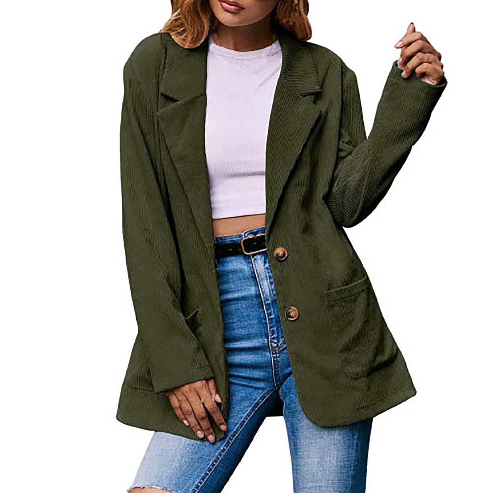 Women's Corduroy Blazer Jacket - Long Sleeve Lapel Coat with Pockets & Open Front Button Cardigan | Solid Color Outwear for Office, Casual & Fall Fashion