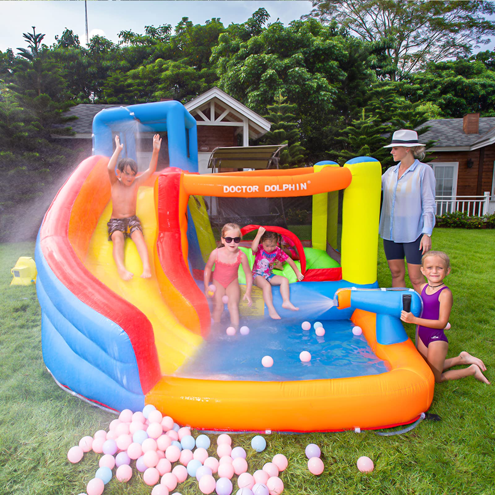**Doctor Dolphin Inflatable Bounce House with Water Slide for Kids - 450W Blower, Indoor & Outdoor Backyard Play, Birthday Parties, Summer Fun**    (Note: This optimized title includes keywords like 
