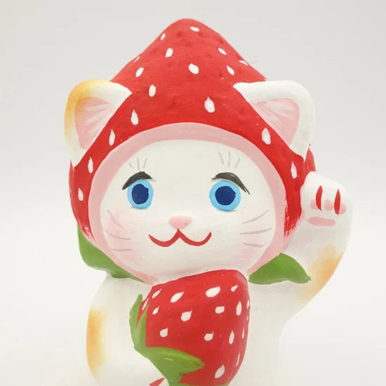 Nagahama Doll Japanese Maneki Neko (Beckoning Cat) Lucky Charm - Strawberry Design, Traditional Japanese Fortune Cat Figurine for Home Decor, Office Feng Shui & Gift Giving