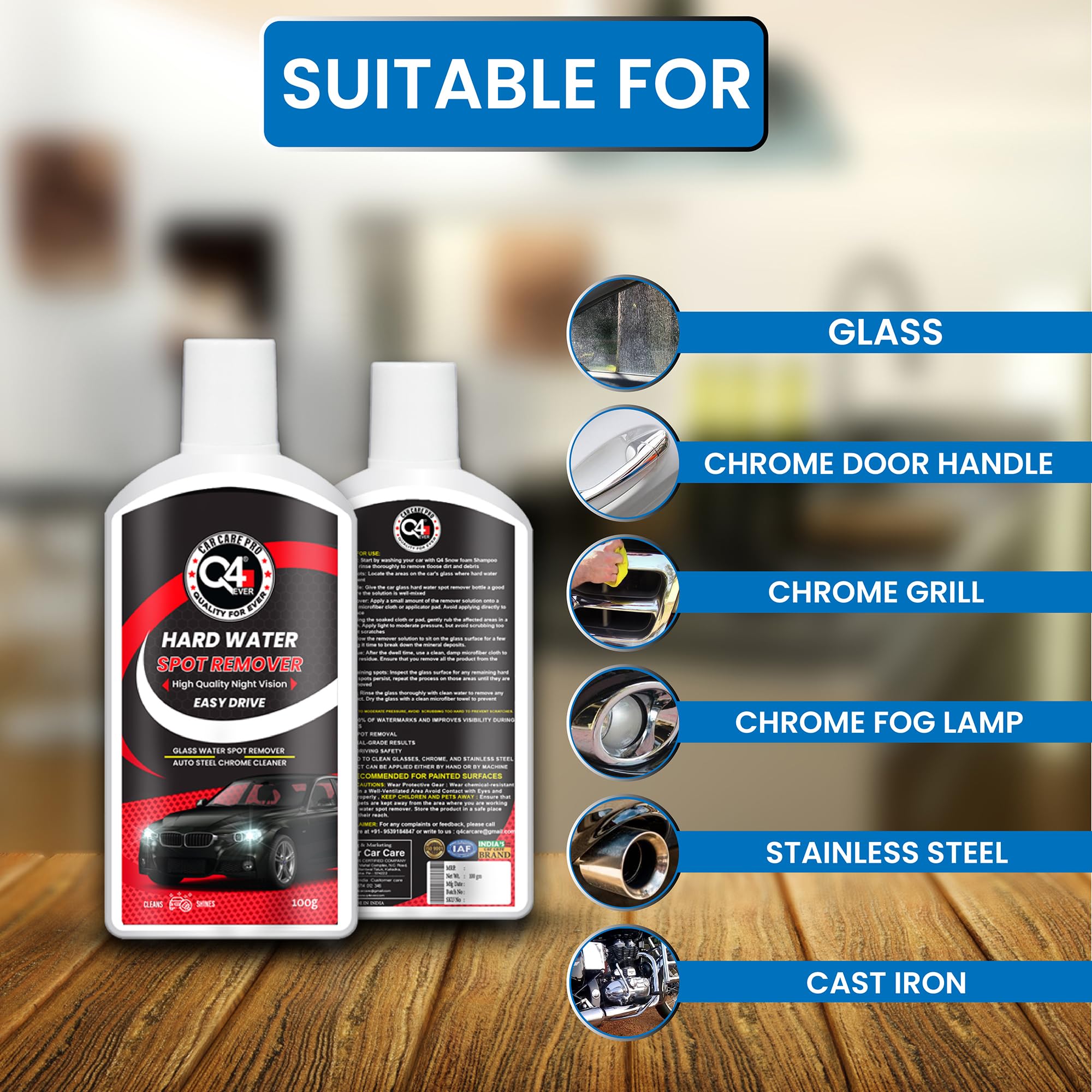 Q4 EVER Auto Care Glass Polish & Hard Water Spot Remover - 100g Cream for Car Windshield, Windows & Mirrors - Restores Clarity, Removes Stains & Mineral Deposits - Perfect for Auto Detailing & Home Glass Cleaning