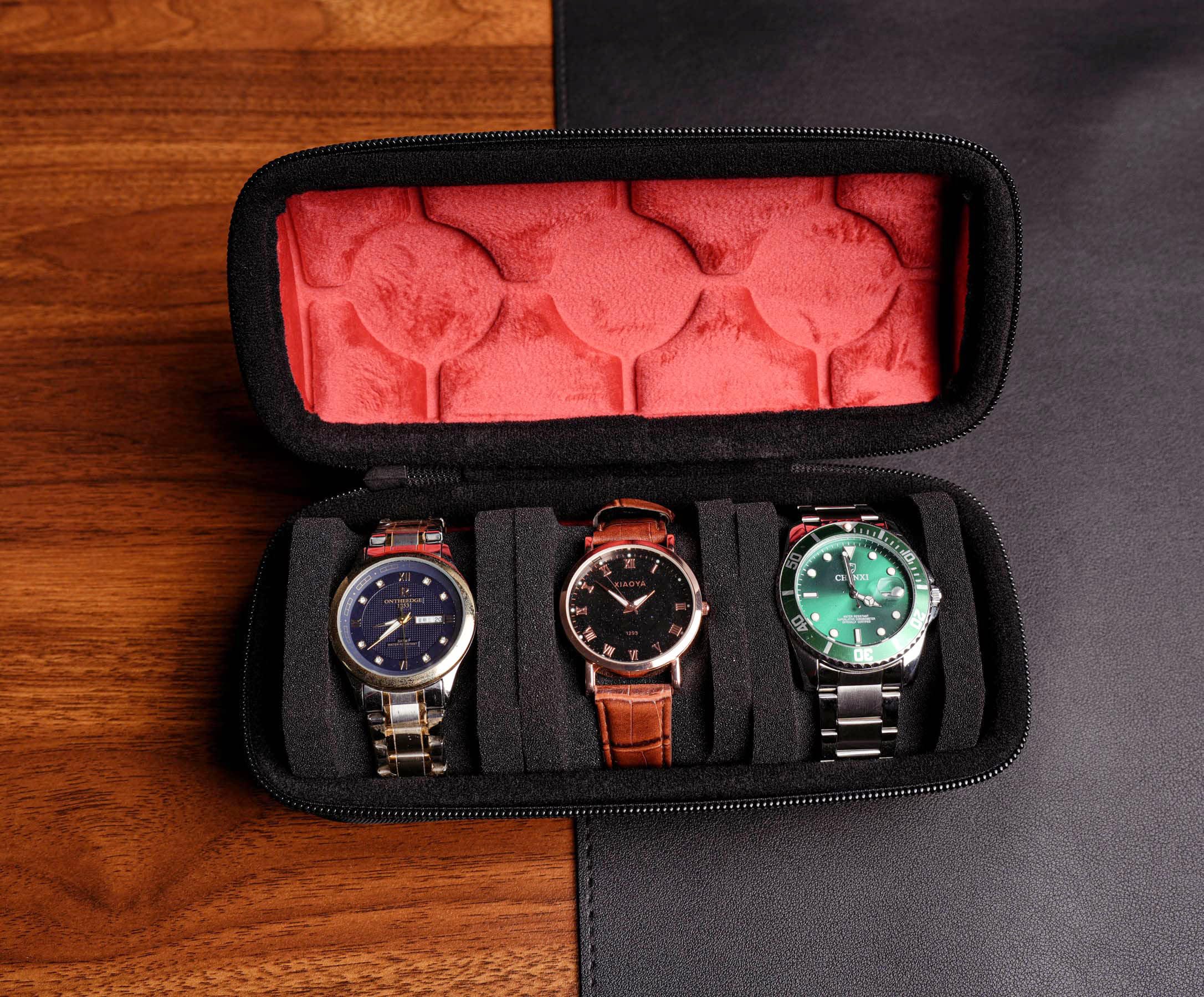 3-Slot Leather Watch Travel Case - Hard Watch Roll Organizer with Form-Fitting Pillow & Red Microfiber Lining - Fits Large & Small Watches - Perfect for Travel, Home & Business Trips - Ideal Gift for Watch Collectors