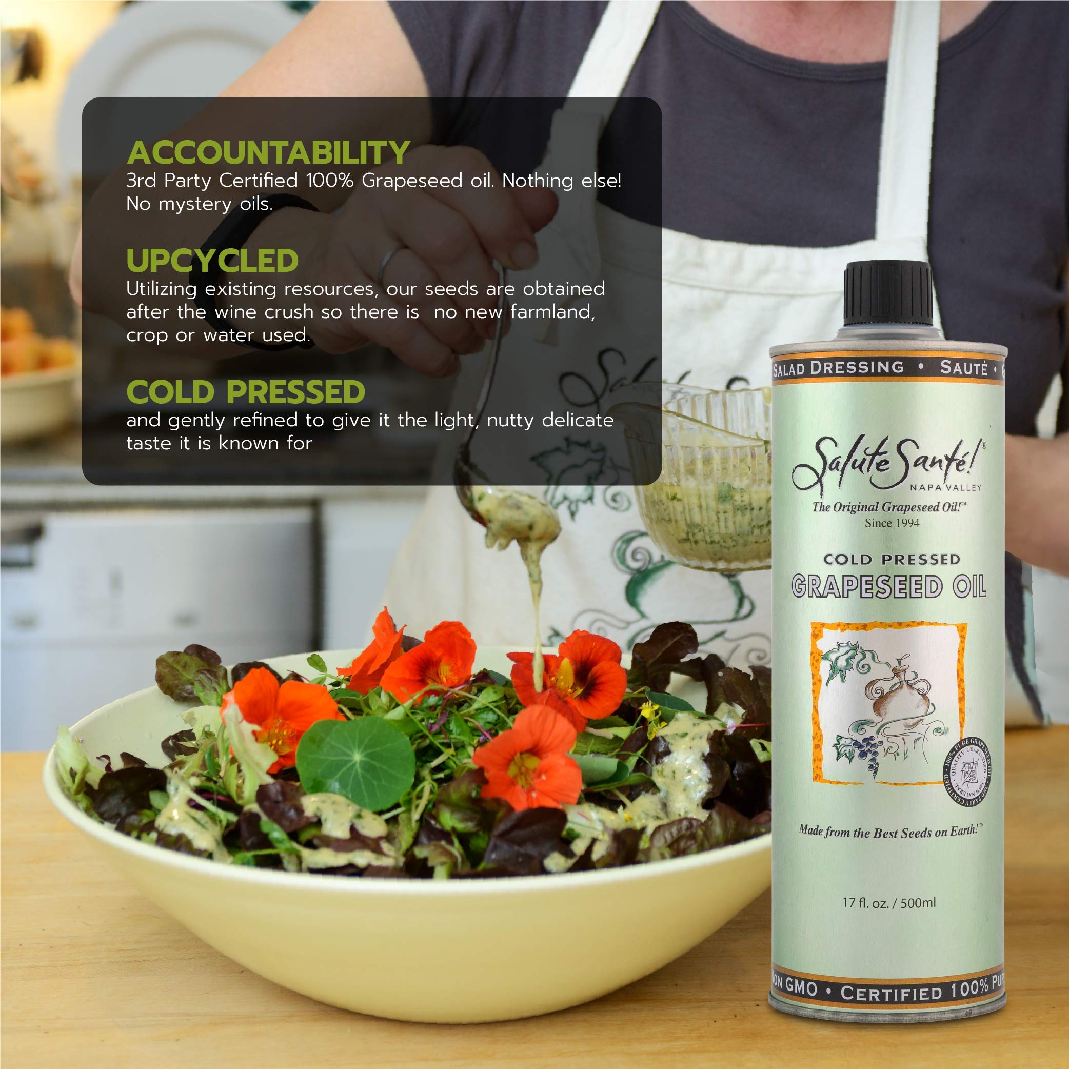 Salute Sante Cold Pressed Grapeseed Oil - 6 Pack (500ml Each) | Non-GMO, Kosher Certified, Vegan Cooking Oil for High Heat & Healthy Recipes | Perfect for Salad Dressings, Marinades, Dips & Baking | Ideal for Mediterranean Dishes, Stir-Fries & Homemade Sauces