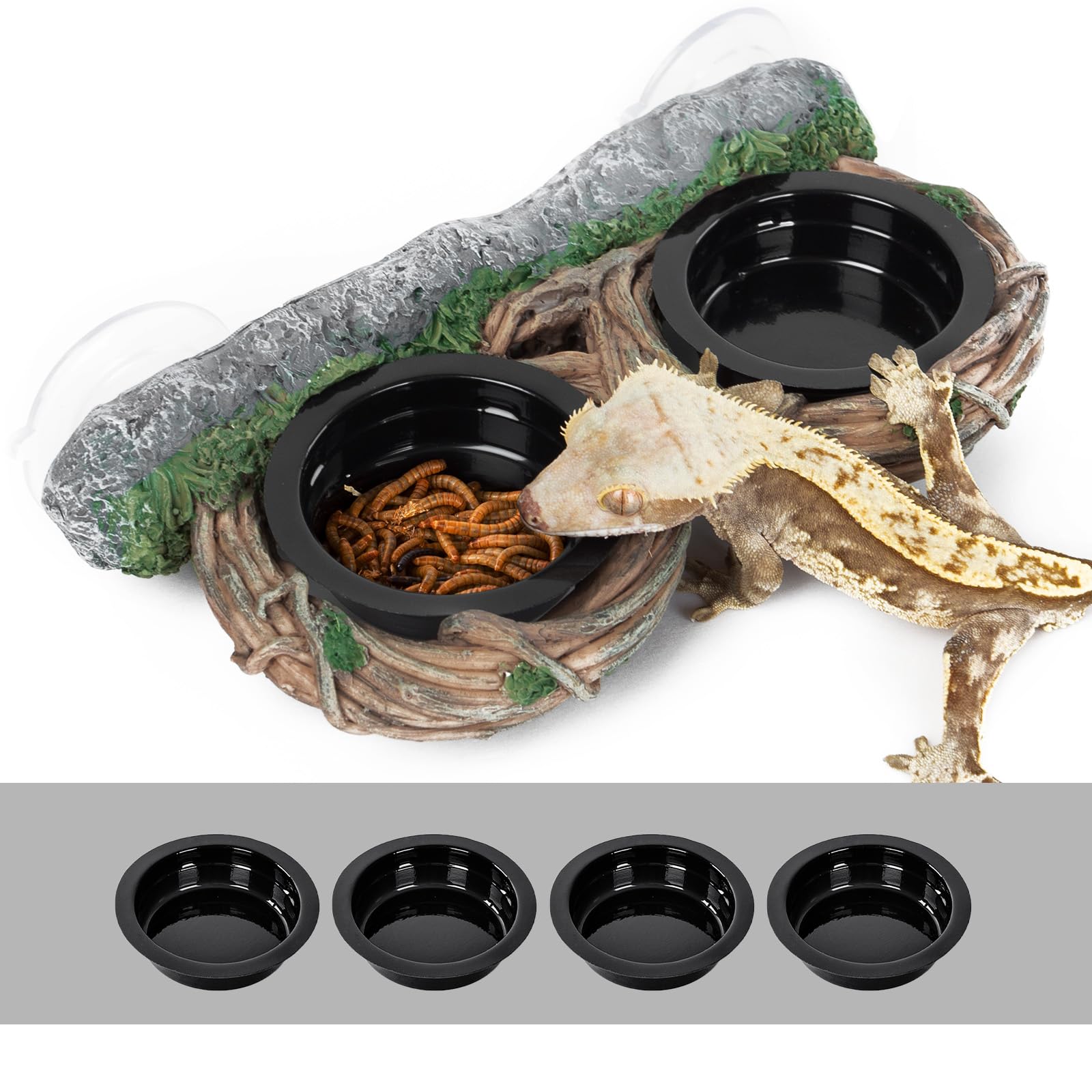 **REPTI ZOO Dual Gecko Feeder Ledge - Reptile Food & Water Dish with 4 Bowls for Bearded Dragons, Lizards, Snakes & Turtles - Terrarium Tank Decor Accessories for Feeding & Hydration**    *(Ideal for Reptile Enclosures, Habitats & Naturalistic Setups - Perfect for Bearded Dragons, Geckos & Other Small Reptiles)*