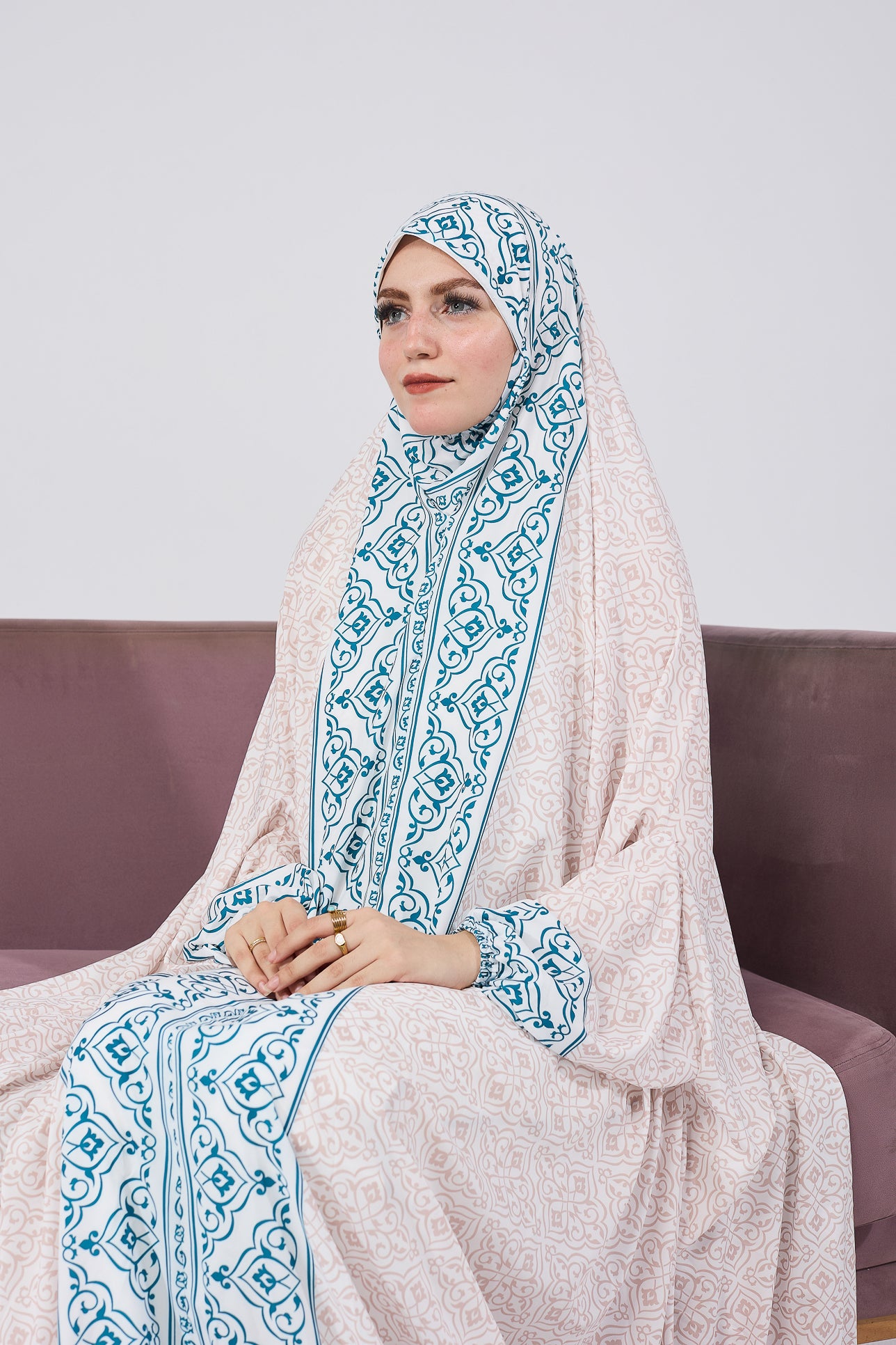 Elegant Nahlah Satin Prayer Gown with Blue Moroccan Print & Elastic Cuffs - Perfect for Muslim Women's Home Worship & Special Occasions