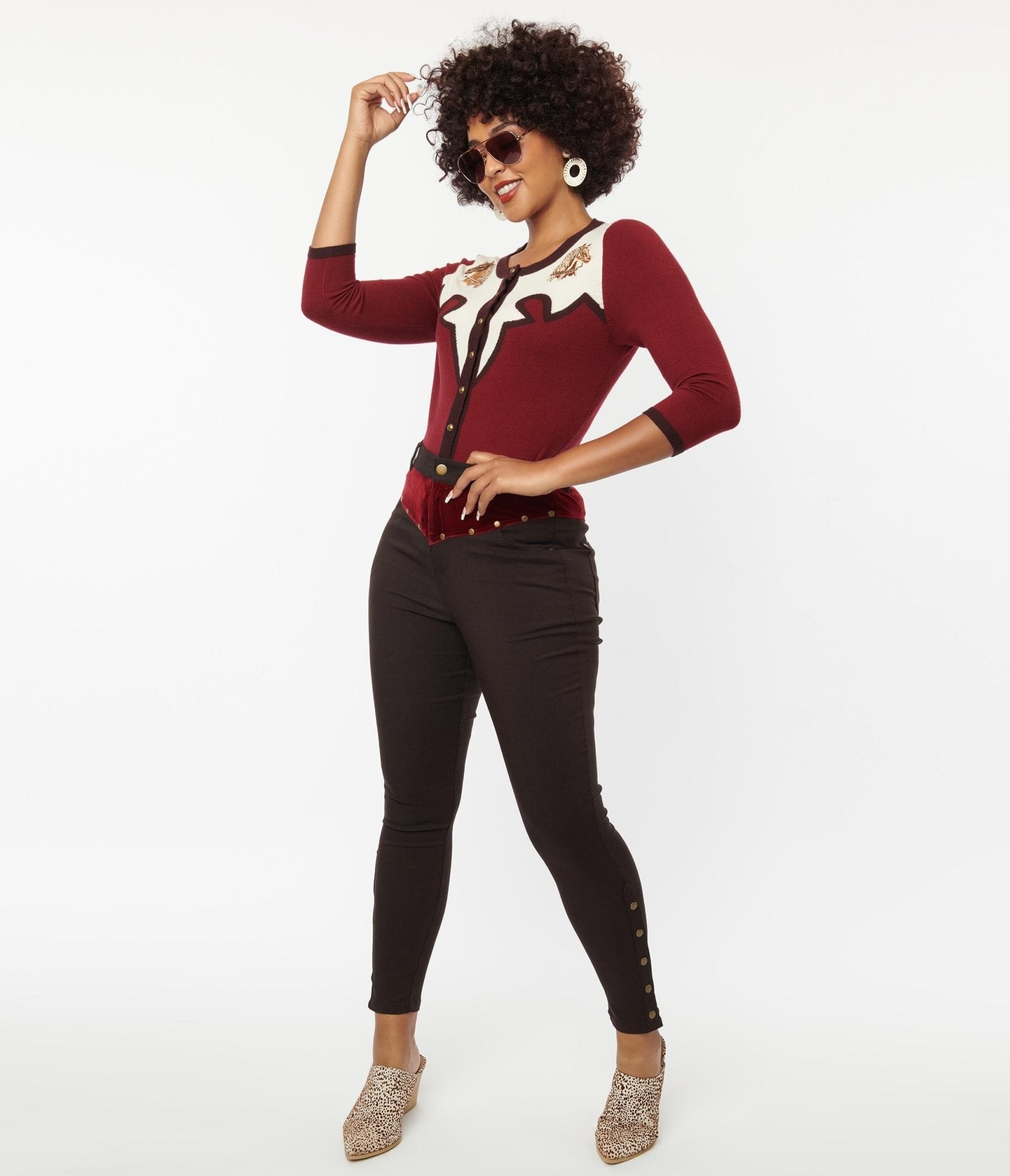 Vintage Brown Denim Skinny Jeans with Red Yoke - High Waisted Slim Fit Stretch Jeans for Women | Perfect for Casual Outfits, Date Nights & Retro Fashion Looks
