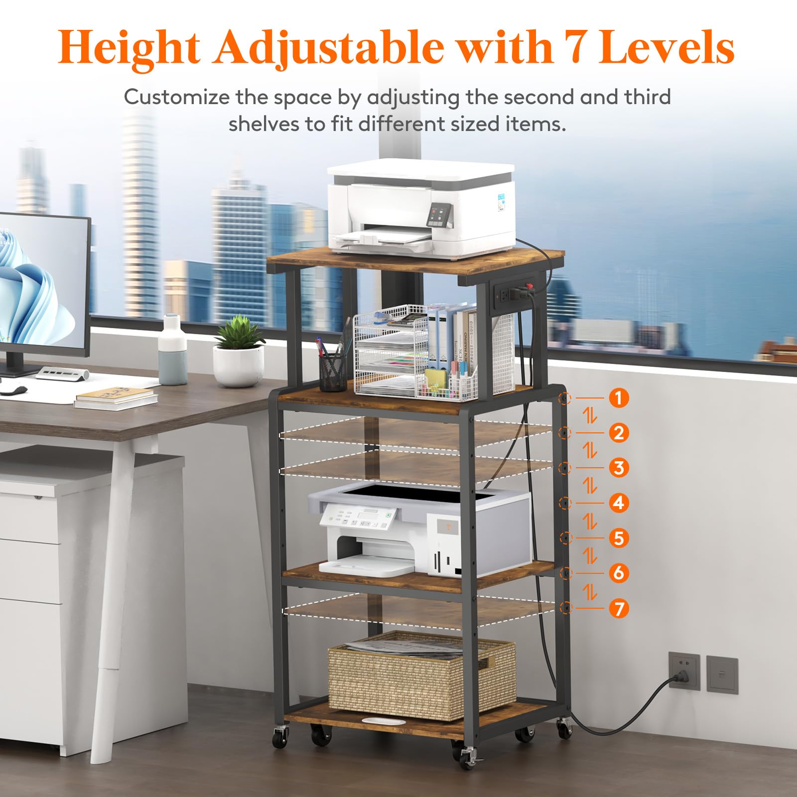 Lifewit 4-Tier Rolling Printer Stand with 3 Power Outlets, Adjustable Storage Shelf & Wheels - Mobile Office Organizer for Printer, Scanner, Fax Machine, Shredder - Rustic Brown Home Office Furniture for Small Spaces & Workspaces