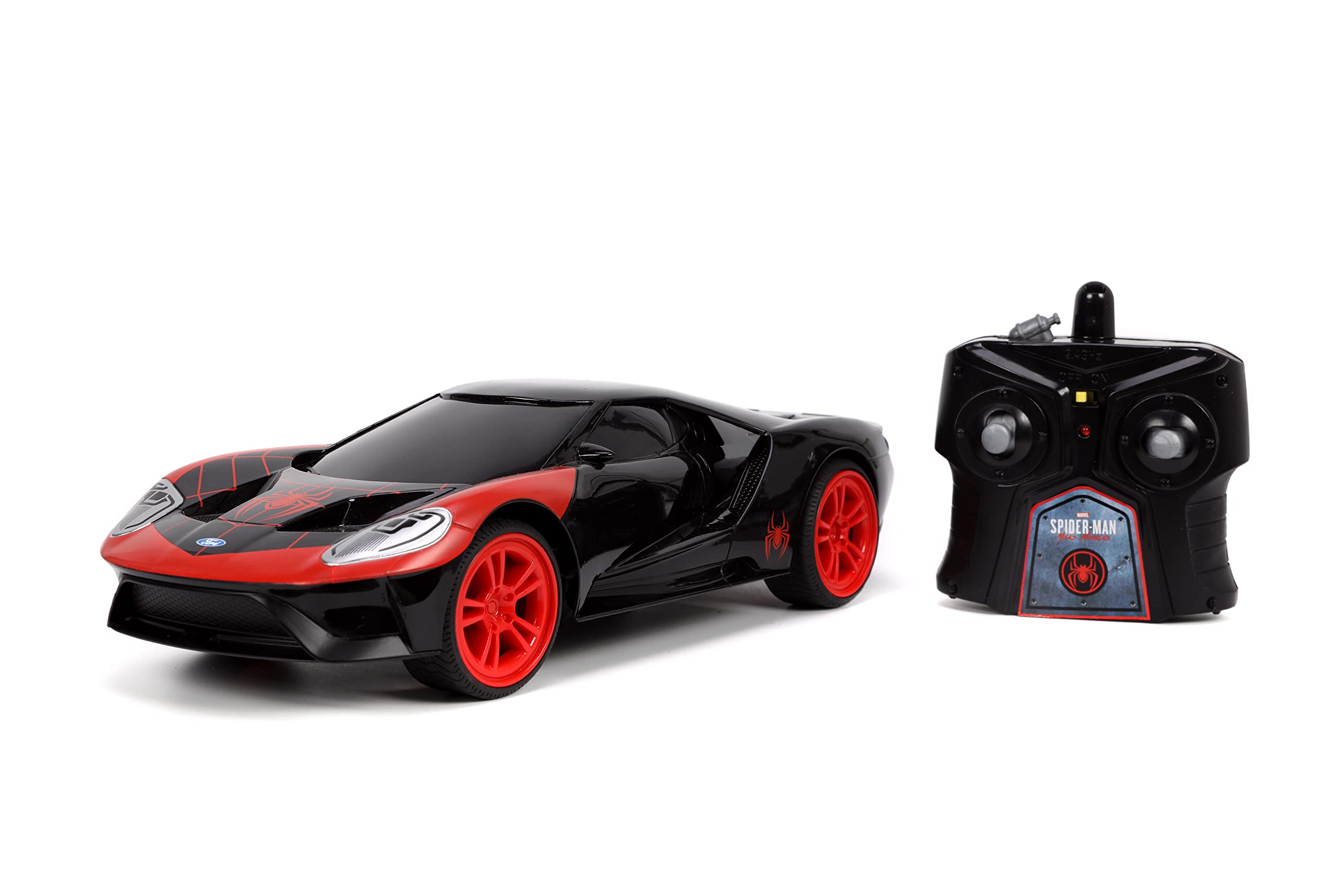 Jada Toys Marvel Spider-Man 1:16 Scale Miles Morales 2017 Ford GT RC Remote Control Car - 2.4GHz Fast Racing Toy for Kids & Adults - Black Superhero Vehicle for Indoor & Outdoor Play