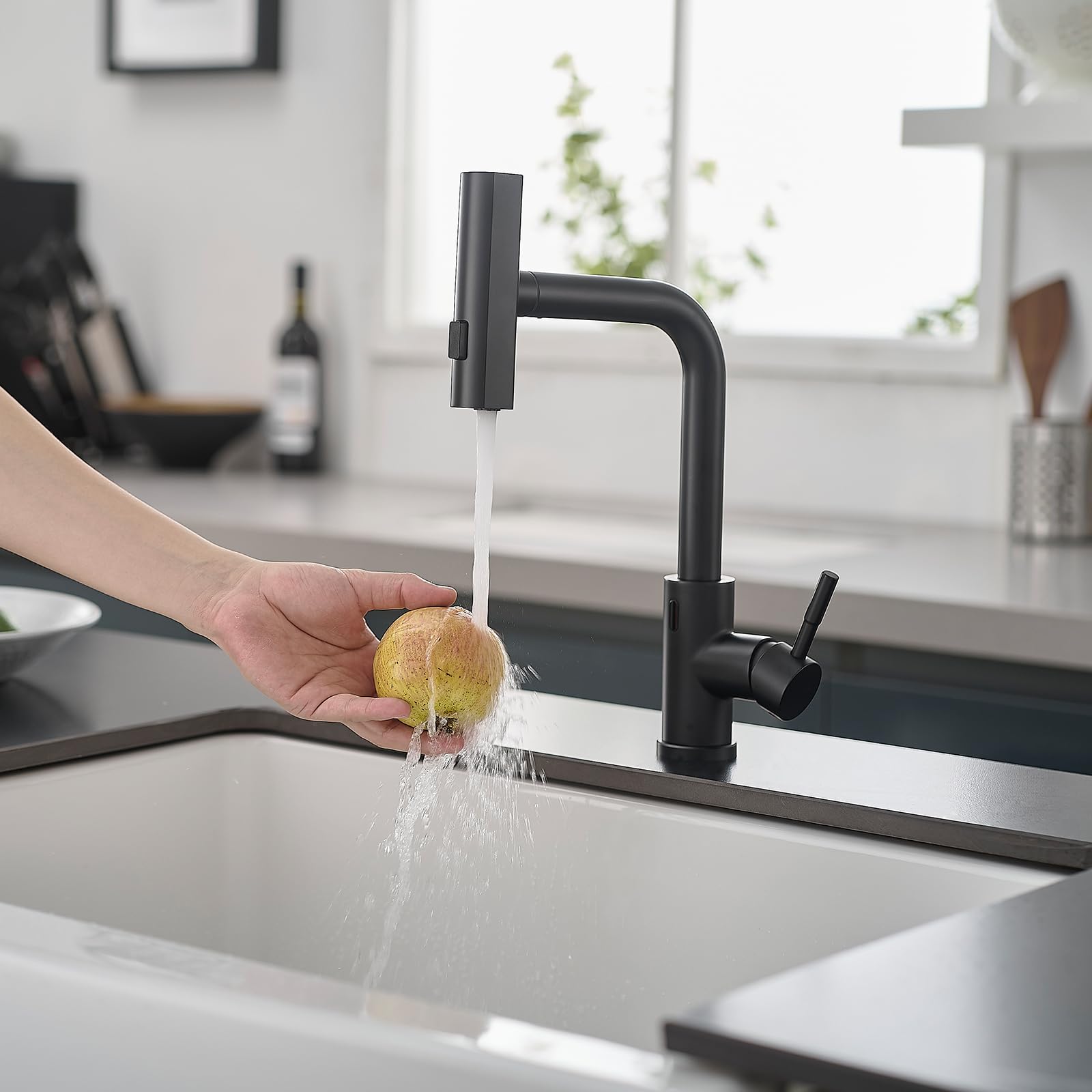 GIMILI Black Touchless Kitchen Faucet with Pull Down Sprayer - Single Hole Modern Waterfall Commercial Sink Faucet - Perfect for Restaurants, Hotels & Luxury Home Kitchens