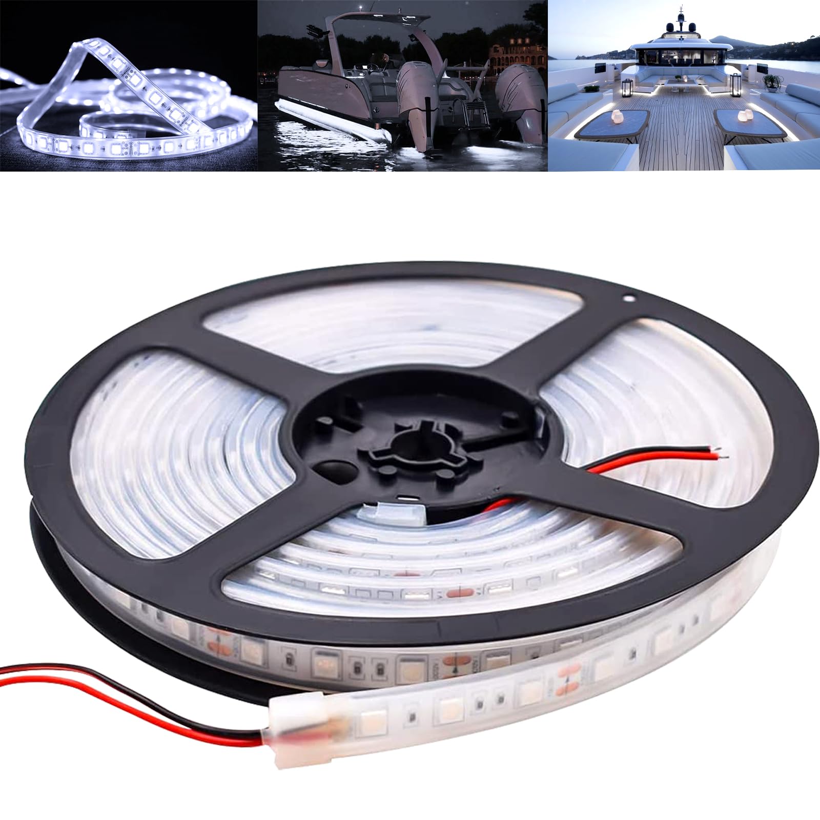 PSEQT 16.4FT/5m Marine Boat LED Strip Lights - 12V Waterproof White LED Lighting for Pontoon, Fishing, Duck, Bass Boats & Kayaks | Interior, Deck, Navigation & Courtesy Lights | Perfect for Night Fishing, Sailing & Water Activities